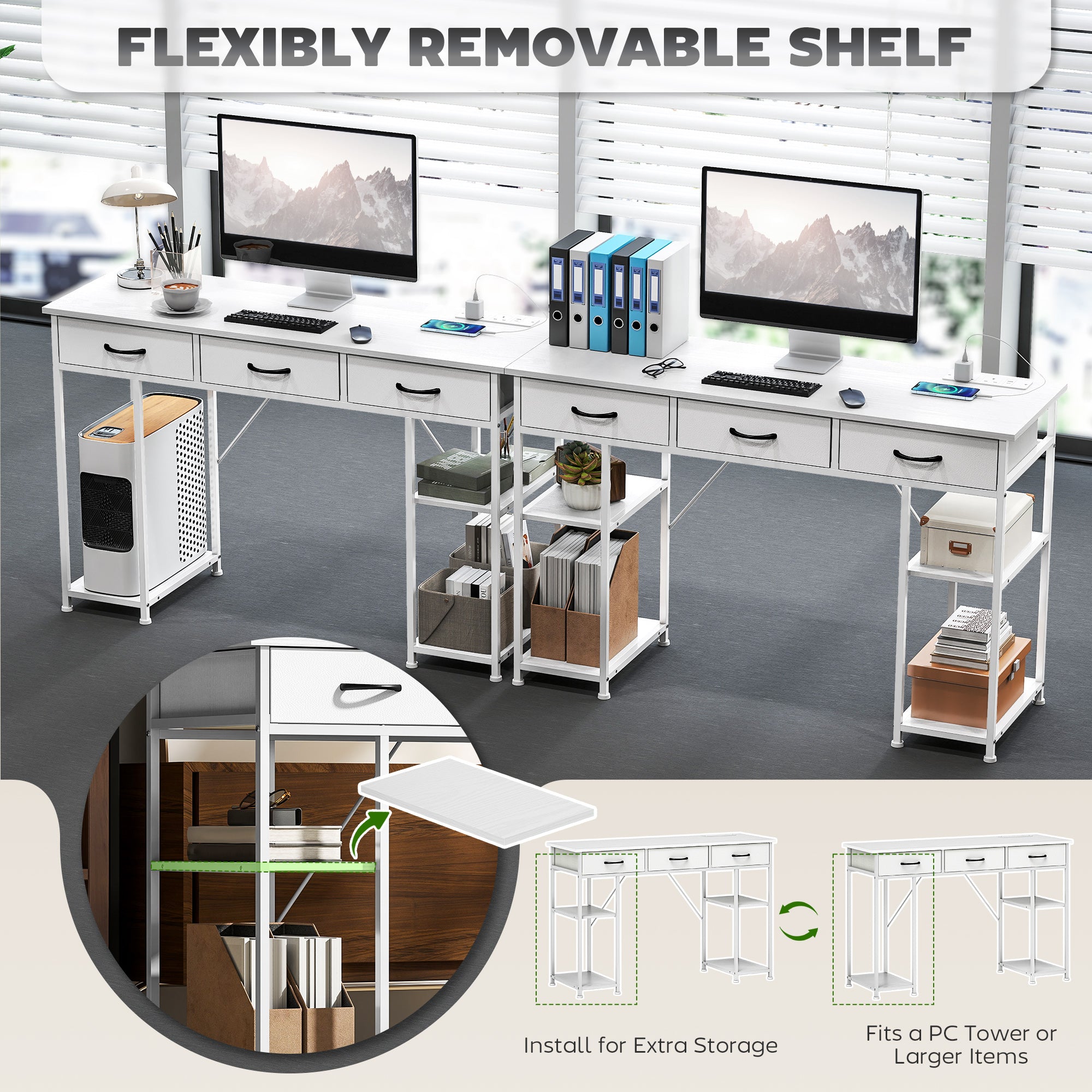HOMCOM 120cm Computer Desk with Power Outlets, Office Desk Study Table with 3 Fabric Drawers and 4 Storage Shelves, White - North Peak Garden Furniture