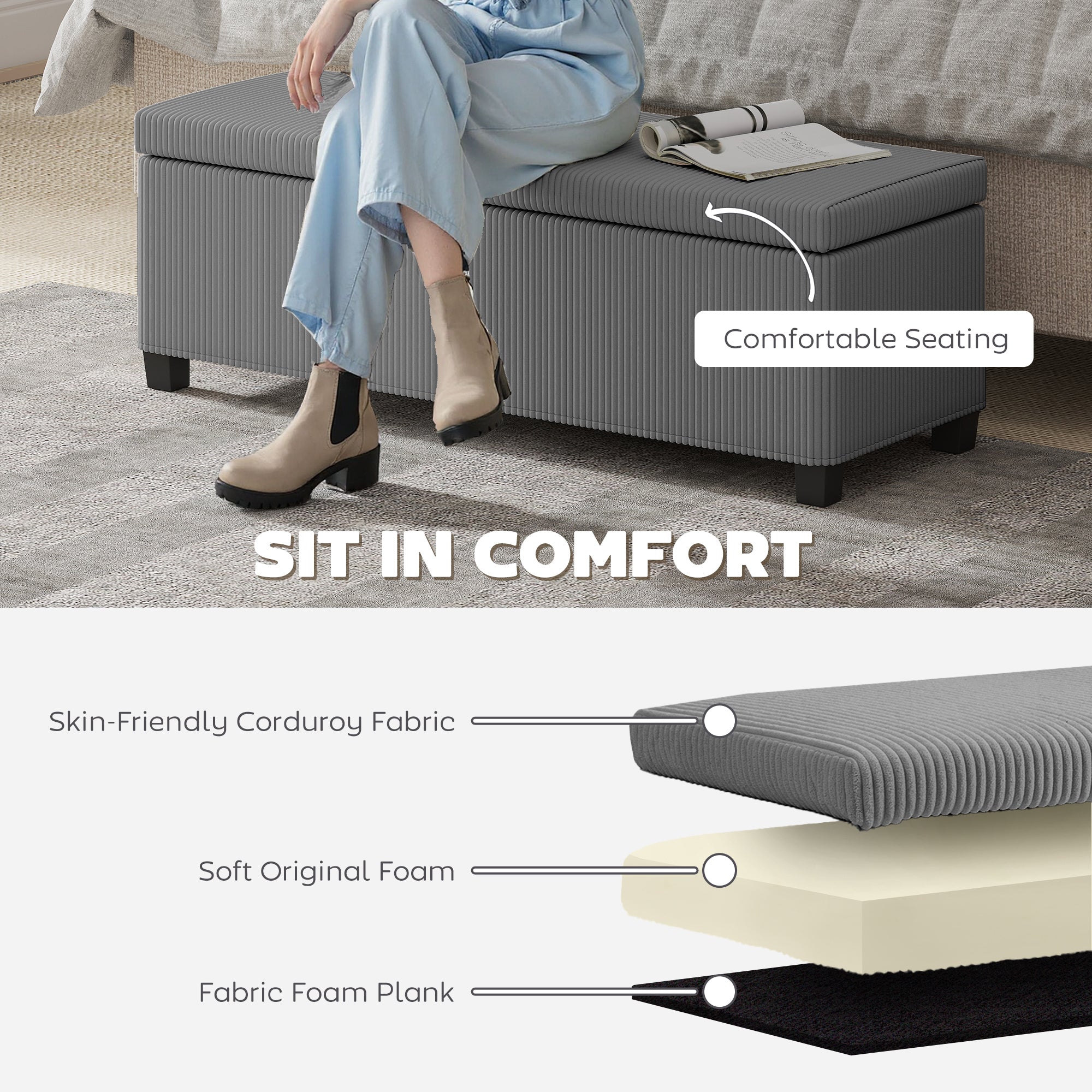 HOMCOM Storage Ottoman Bench, Corduroy Footstool with Removable Lid and Legs, 112cm Storage Chest Box for Living Room, Bedroom, Hallway, Grey