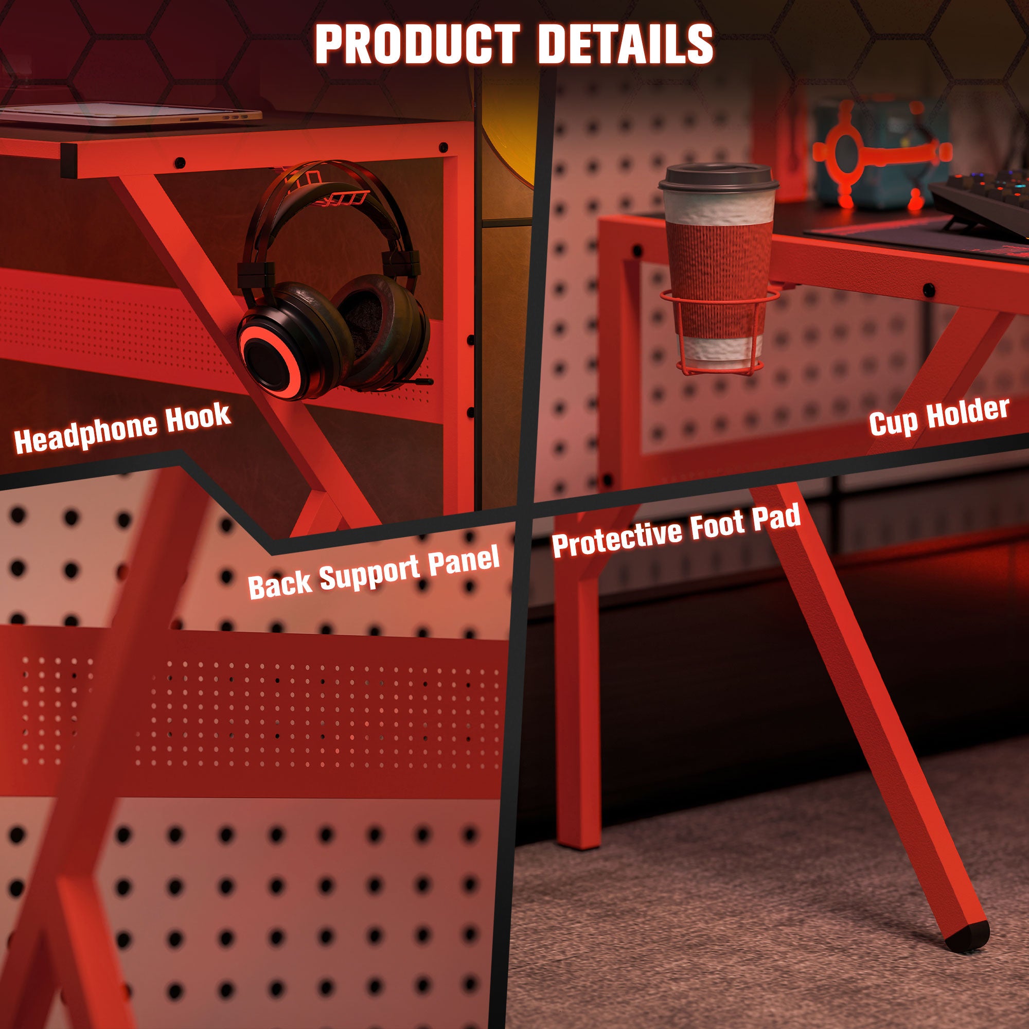 HOMCOM Gaming Desk L-Shaped Corner Computer Table for Home Office PC Workstations with Adjustable Monitor Stand Cup Holder Headphone Hook 125x125x75cm, Red - North Peak Garden Furniture