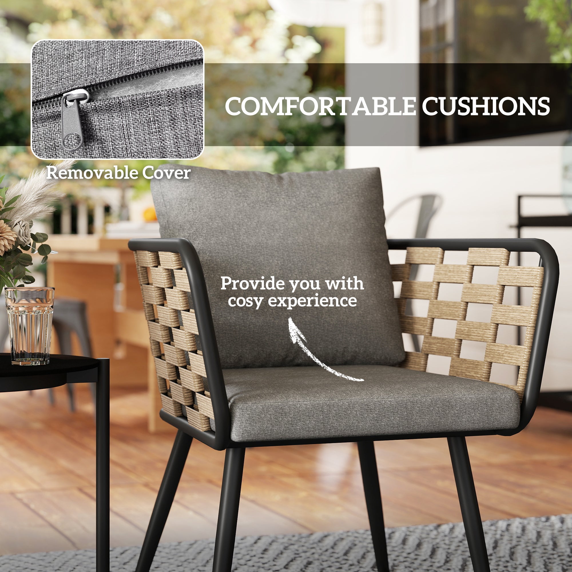 Outsunny 3 Pieces Rattan Bistro Set with Washable Seat and Back Cushions, Glass Top Coffee Table, for Outdoor, Patio, Black - North Peak Garden Furniture