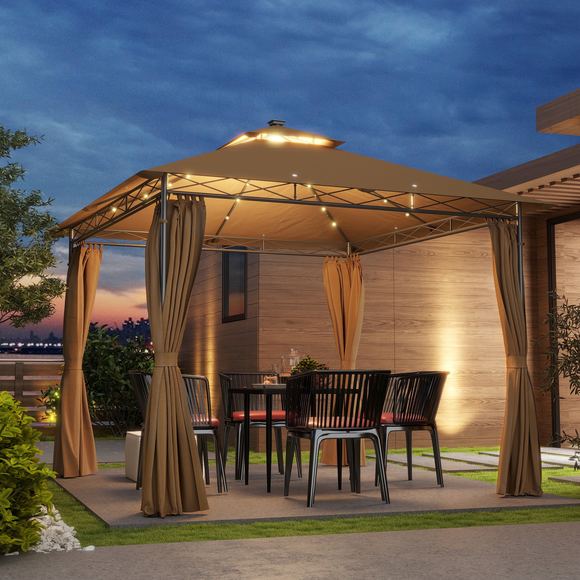 Outsunny 3 x 3 m Solar LED Metal Gazebo - Brown - North Peak Garden Furniture