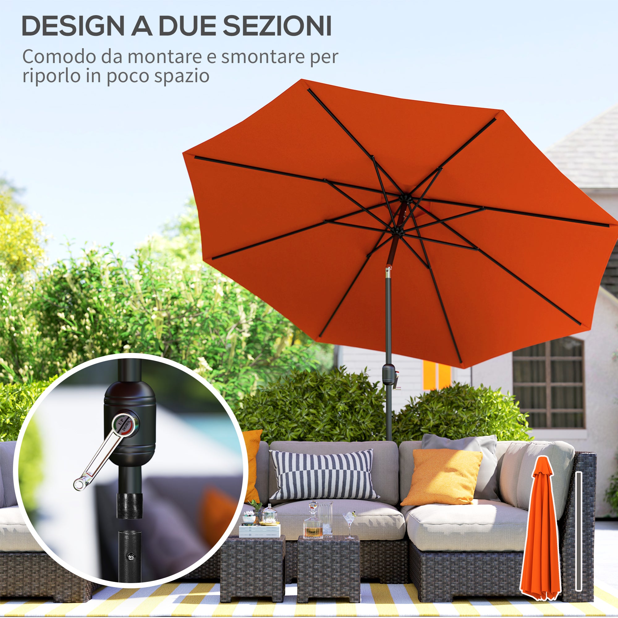 Outsunny 3 m Garden Parasol Umbrellas, Outdoor Sun Shade with 8 Ribs, Tilt and Crank Handle for Balcony, Bench, Garden, Orange