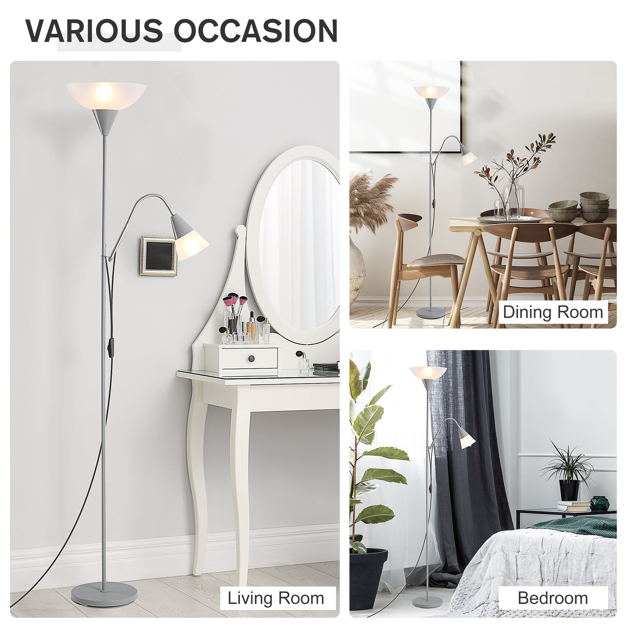 HOMCOM Modern Floor Lamp, Uplighter 2-Light Reading Lamp with Adjustable Heads, Tall Standing Lamp for Living Room, Bedroom, Office