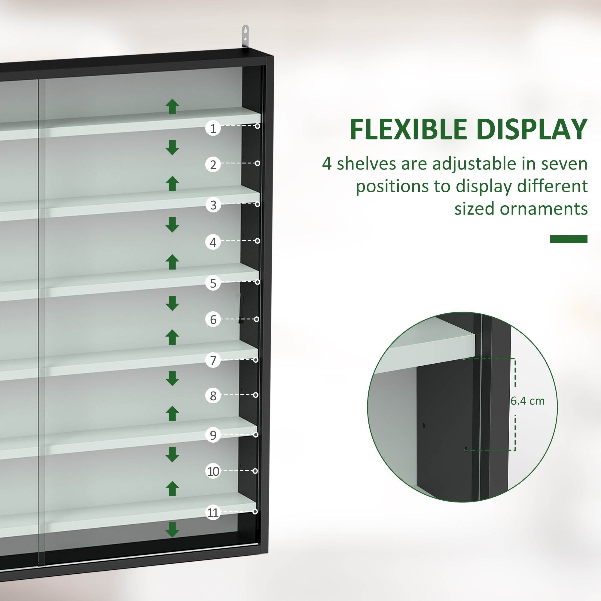 HOMCOM 7-Tier Wall Display Shelf Unit Cabinet w/ 6 Adjustable Shelves Glass Doors Home Office Ornaments 83x80cm, Black and White - North Peak Garden Furniture