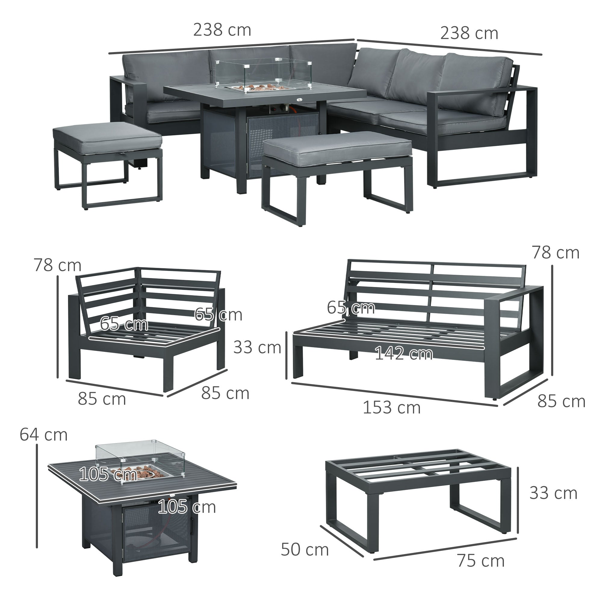 Outsunny 6-Piece Aluminium Garden Furniture Set, Outdoor Conversational Corner Sofa Loveseat Footstool Sectional with Gas Fire Pit Table for Yard, Poolside, Grey - North Peak Garden Furniture