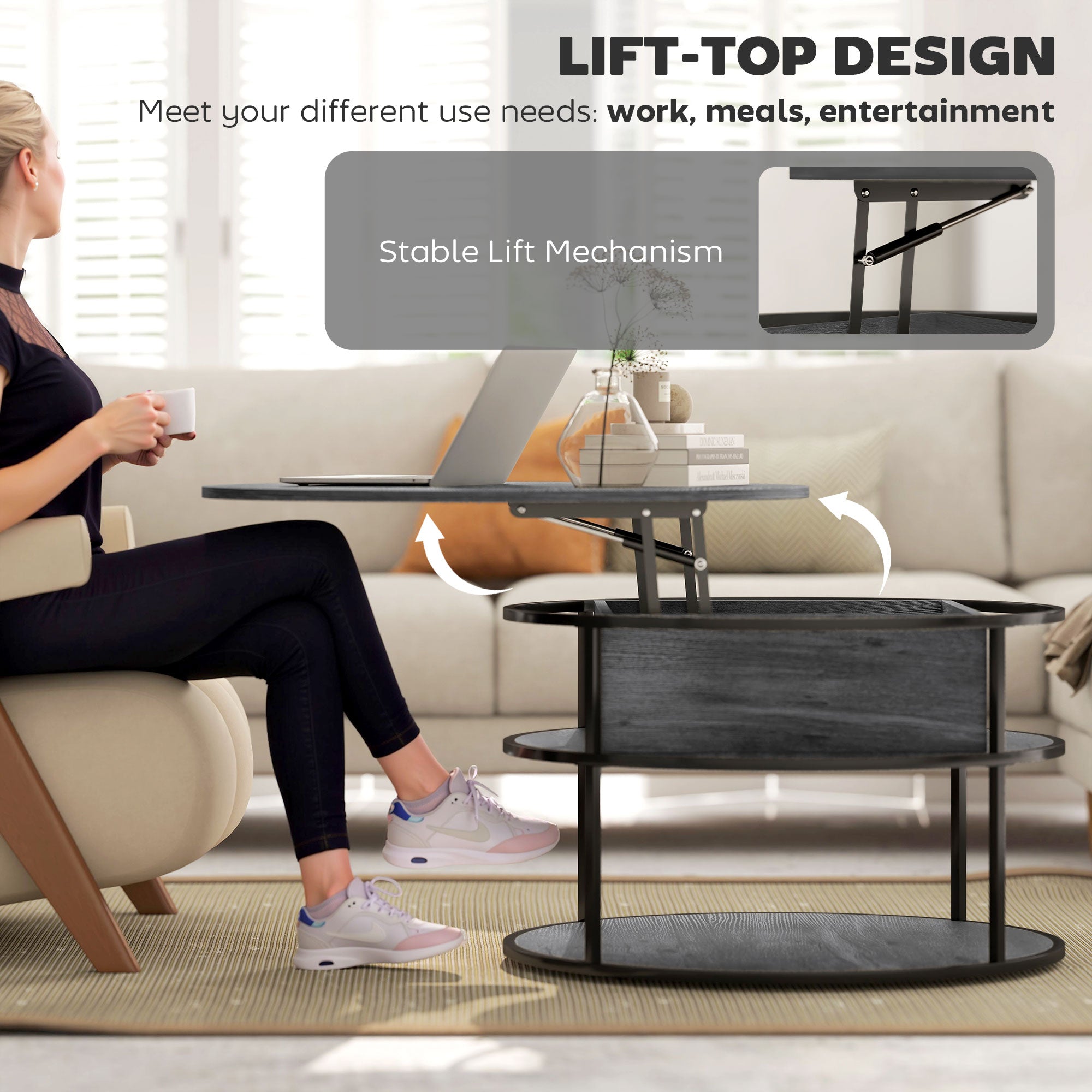 HOMCOM Lift Top Coffee Table, Round Coffee Table with Storage Shelf, Hidden Compartment and Steel Frame for Living Room, Home Office, Charcoal Grey - North Peak Garden Furniture
