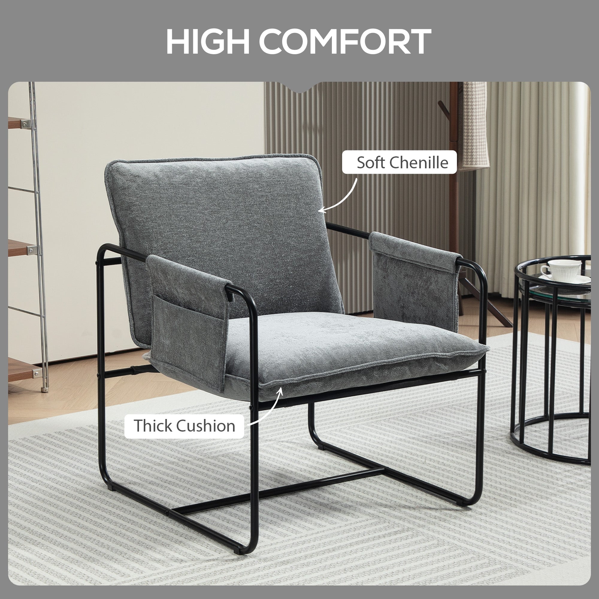 HOMCOM Minimal Padded Accent Chair, with Pockets - Grey - North Peak Garden Furniture