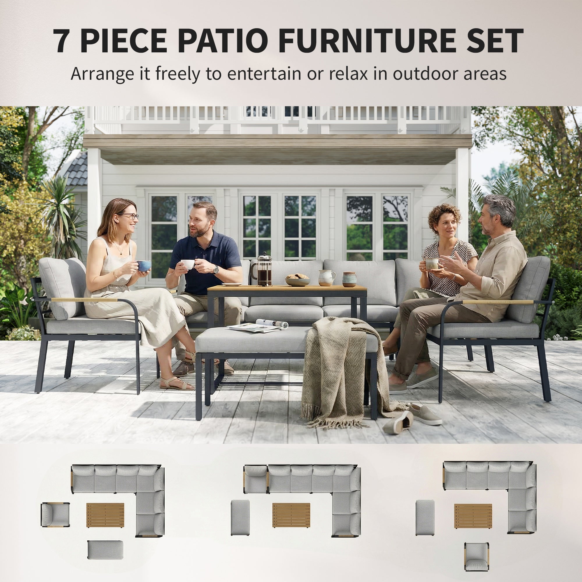 Outsunny 7 Seater Garden Furniture Set, Metal Garden Sofa Set with Cushions, Outdoor Furniture Conversation Sets, Light Grey