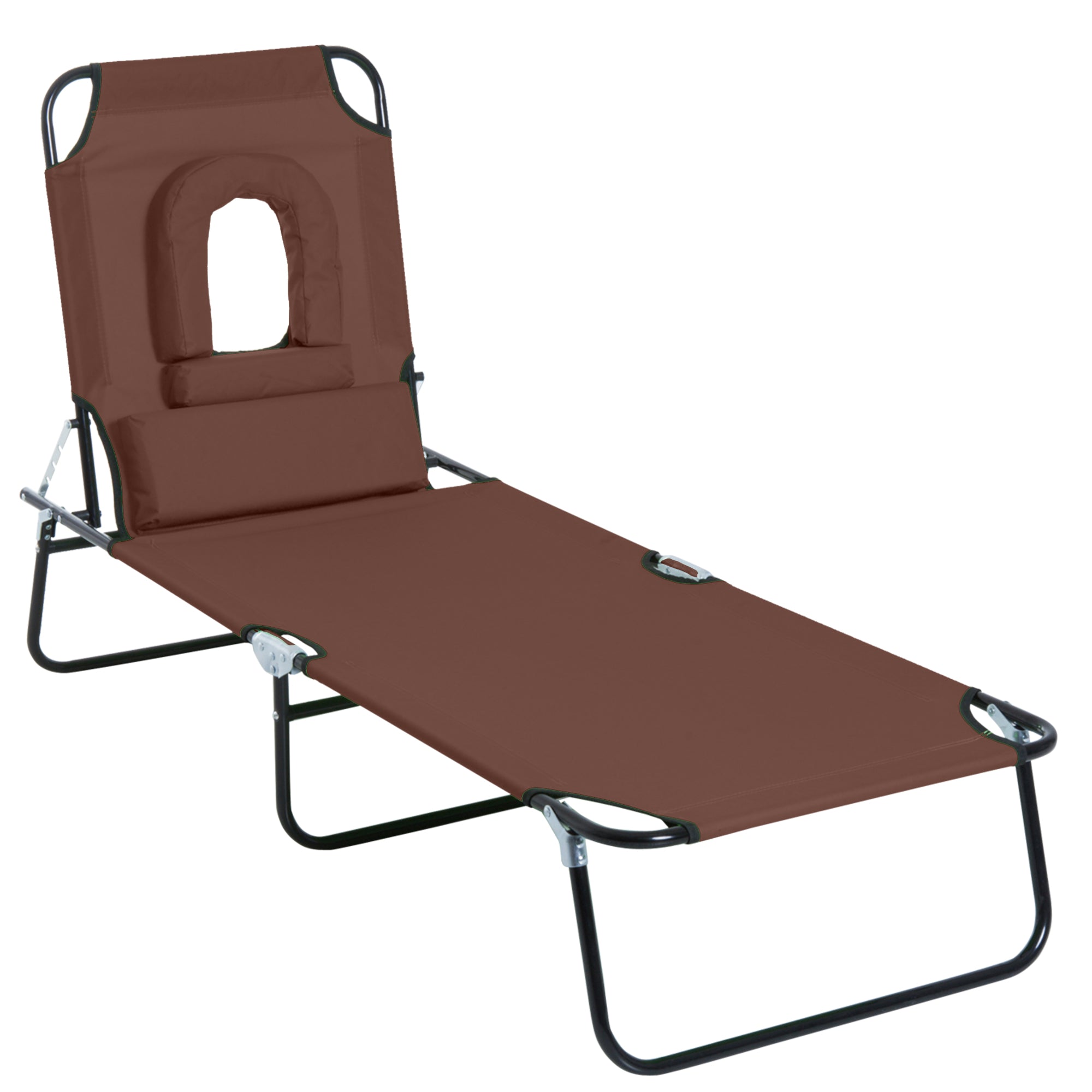 Outsunny Outdoor Foldable Sun Lounger, 4 Level Adjustable Backrest Reclining Sun Lounger Chair with Pillow and Reading Hole, Brown - North Peak Garden Furniture