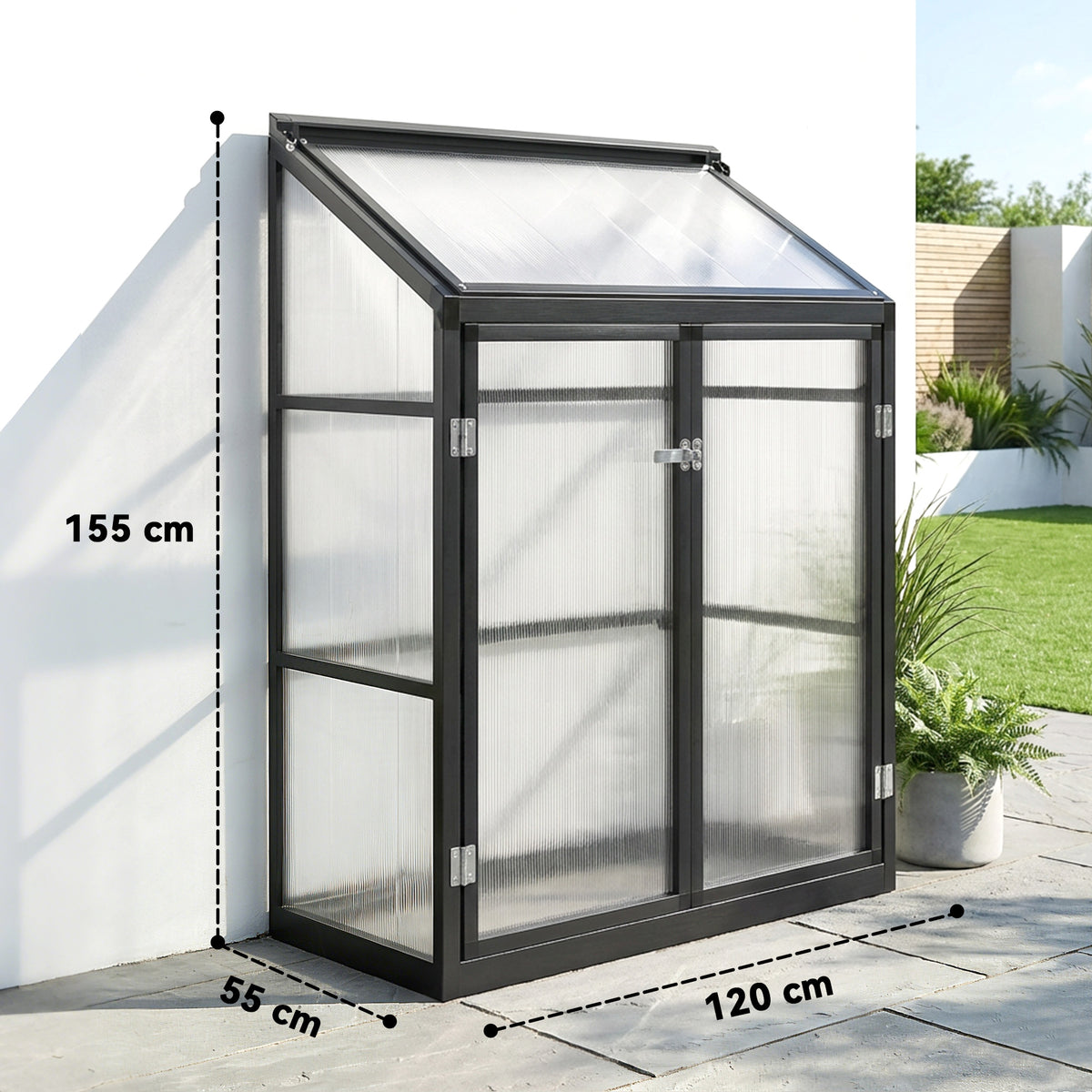 Outsunny 4 x 2ft Polycarbonate Greenhouse, Quick Setup, Lean-to Green House with 2 Hinged Doors, Top Vent, Black