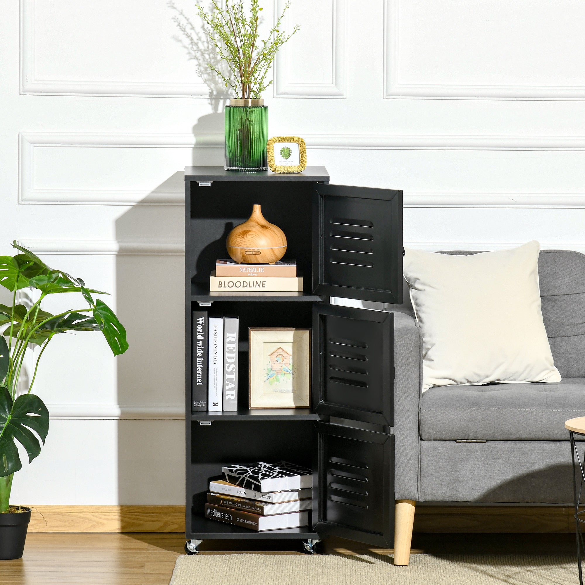 HOMCOM Rolling Storage Cabinet 3-Tier Mobile File Cabinet with Wheels & Metal Doors for Home Office, Living Room, Black - North Peak Garden Furniture