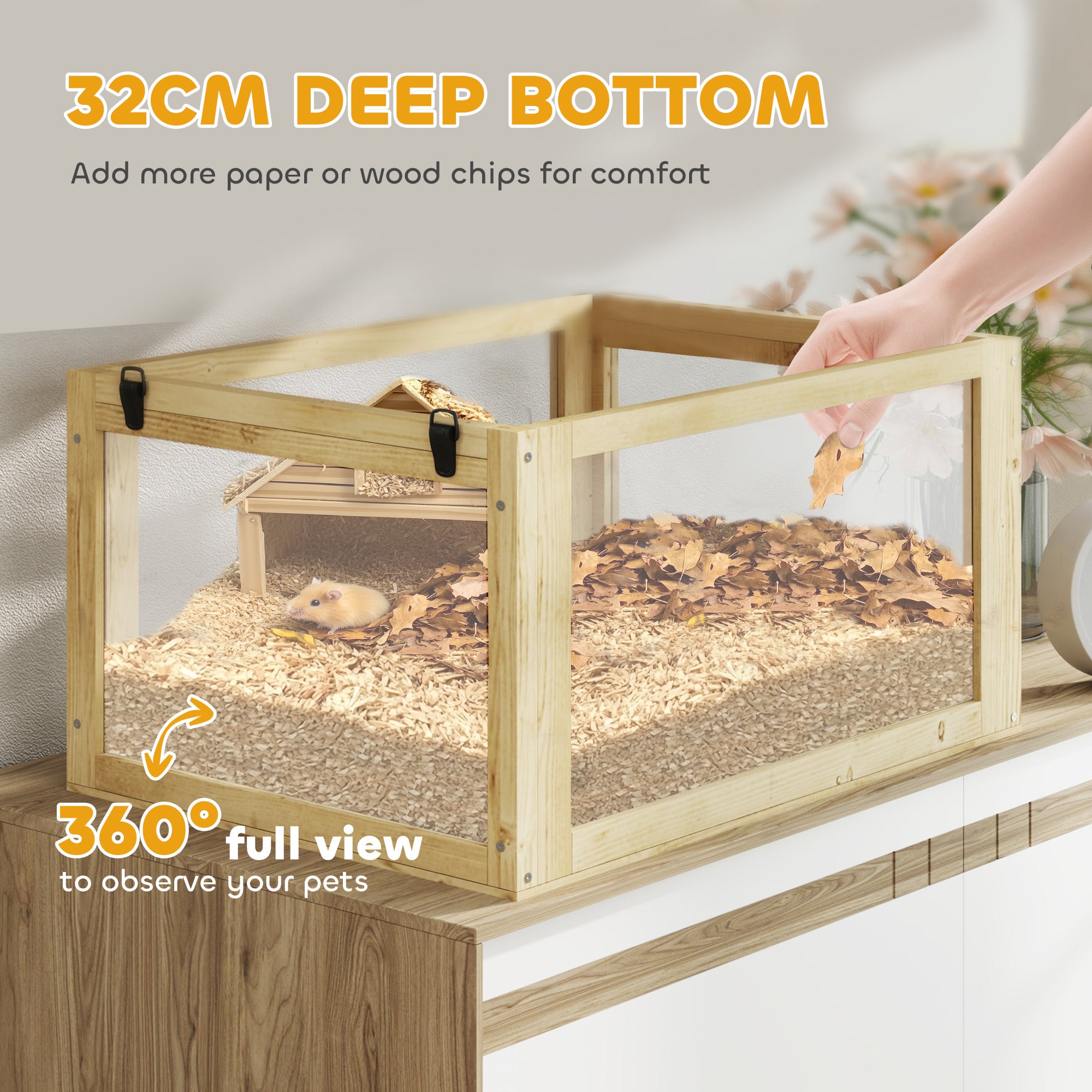 PawHut Wooden Hamster Cage with Detachable 32cm Deep Bottom, Hut, Seesaw, Exercise Wheel, Ramps, 60 x 40 x 75cm - North Peak Garden Furniture