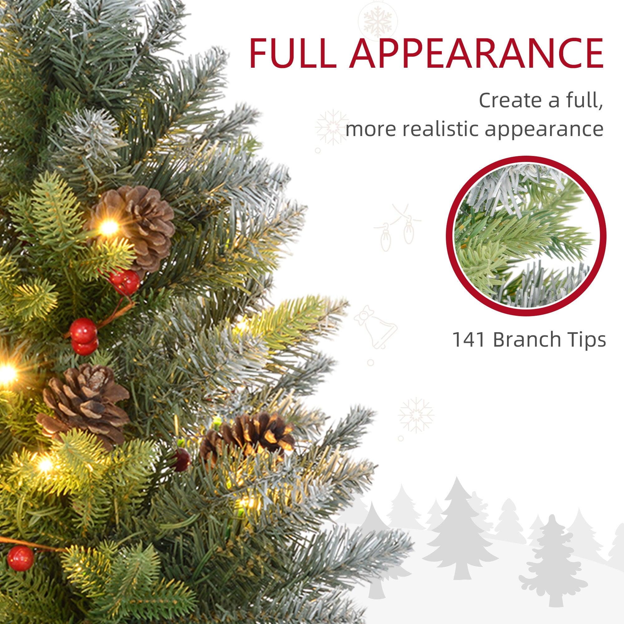 HOMCOM Set of Two 2ft Christmas Trees, with Lights, Berries and Pinecones - North Peak Garden Furniture