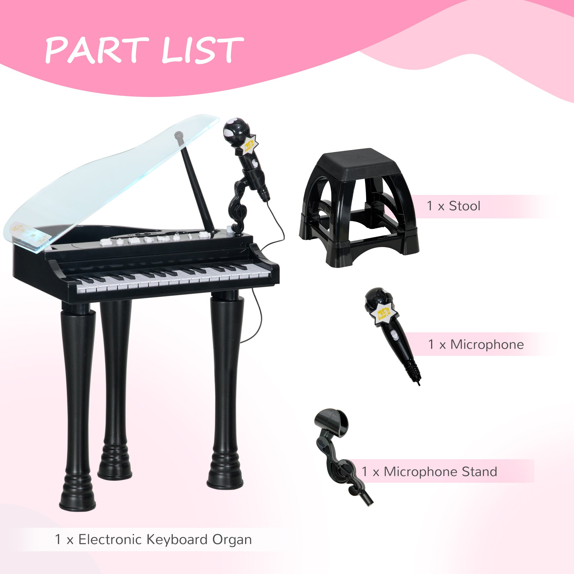 AIYAPLAY 32-Key Kids Piano Keyboard, with Stool, Lights, Microphone, Sounds, Removable Legs - Black - North Peak Garden Furniture