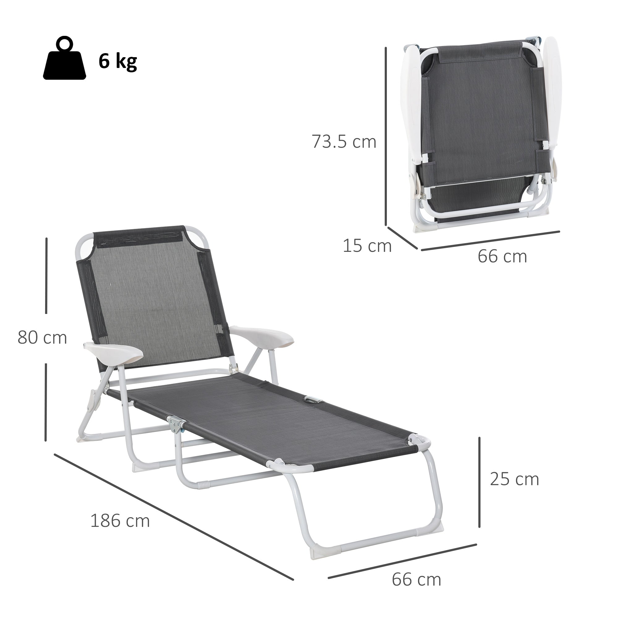 Outsunny Foldable Sun Lounger, Outdoor 4 Level Adjustable Backrest Reclining Lounge Chair with Armrests for Patio, Garden, Dark Grey - North Peak Garden Furniture