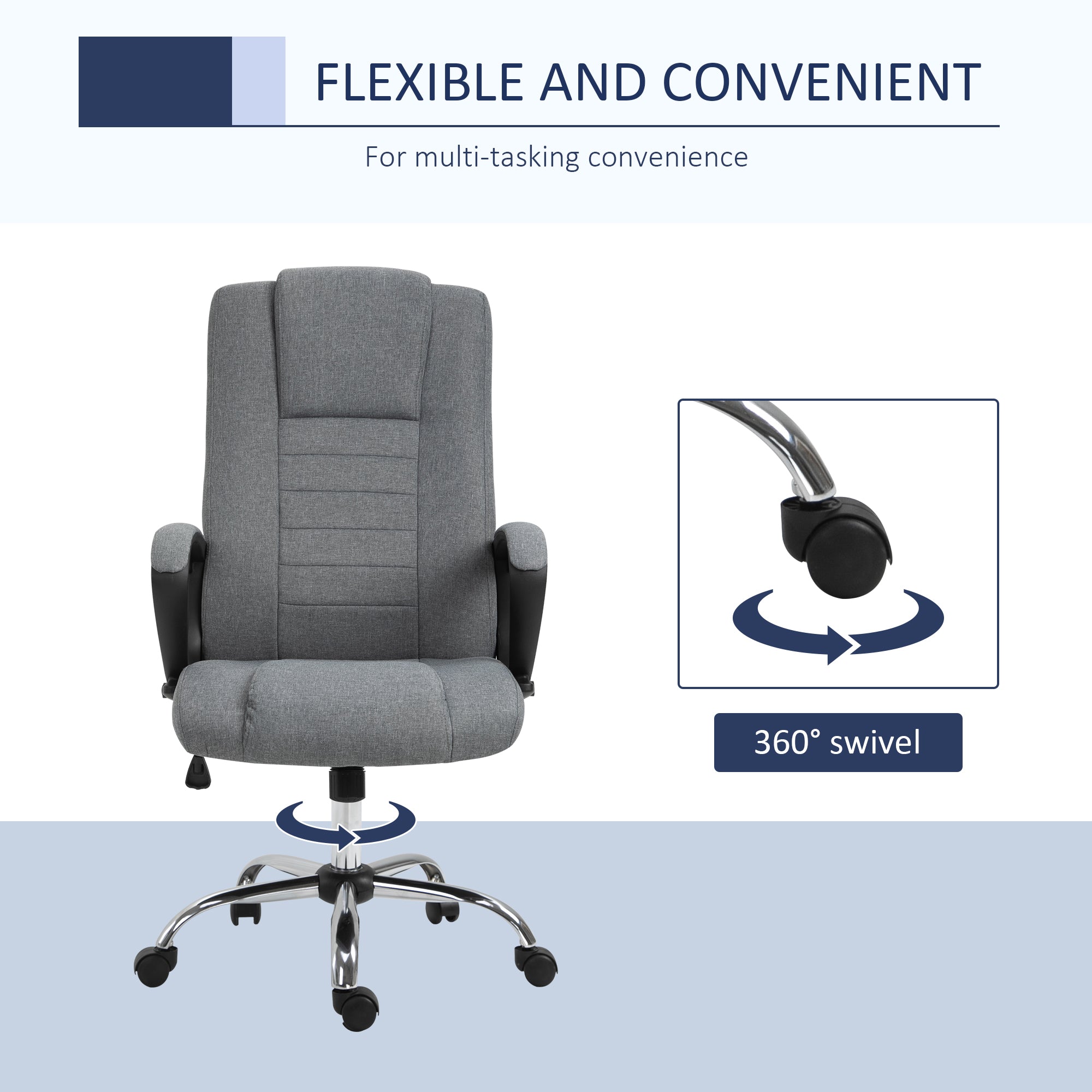 Vinsetto Office Chair, Computer Desk Chair, Linen Fabric Swivel Chair with Adjustable Height, Rolling Wheels for Home and Study, Grey - North Peak Garden Furniture