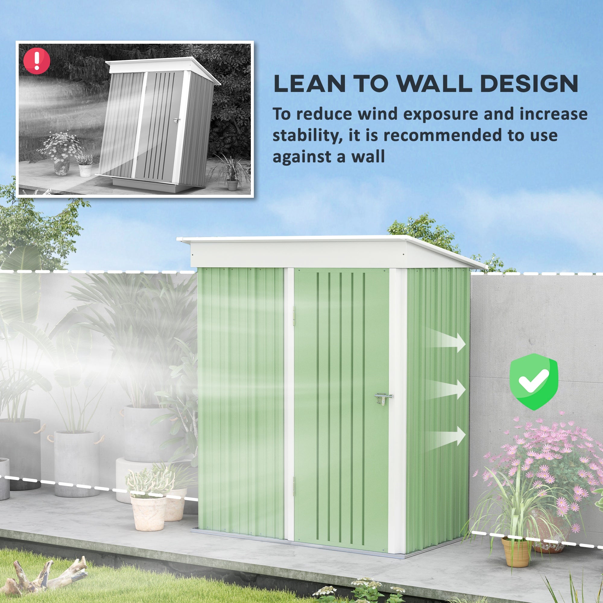 Outsunny Metal Garden Shed, Outdoor Lean-to Shed for Tool Motor Bike, with Adjustable Shelf, Lock, Gloves, 5'x3'x6', Green - North Peak Garden Furniture