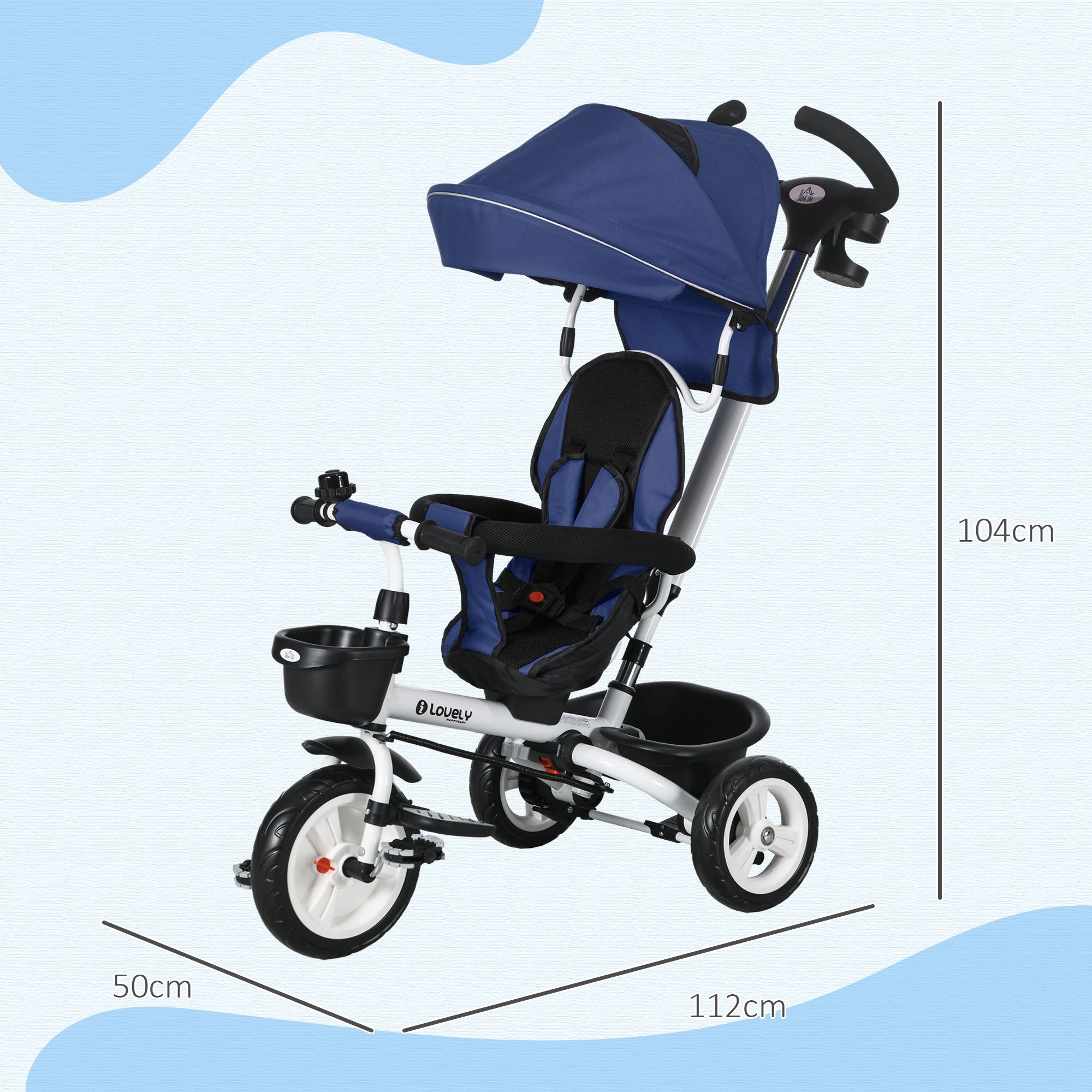 HOMCOM Metal Frame 6 in 1 Baby Push Tricycle with Parent Handle for 1-5 Years Old, Dark Blue - North Peak Garden Furniture