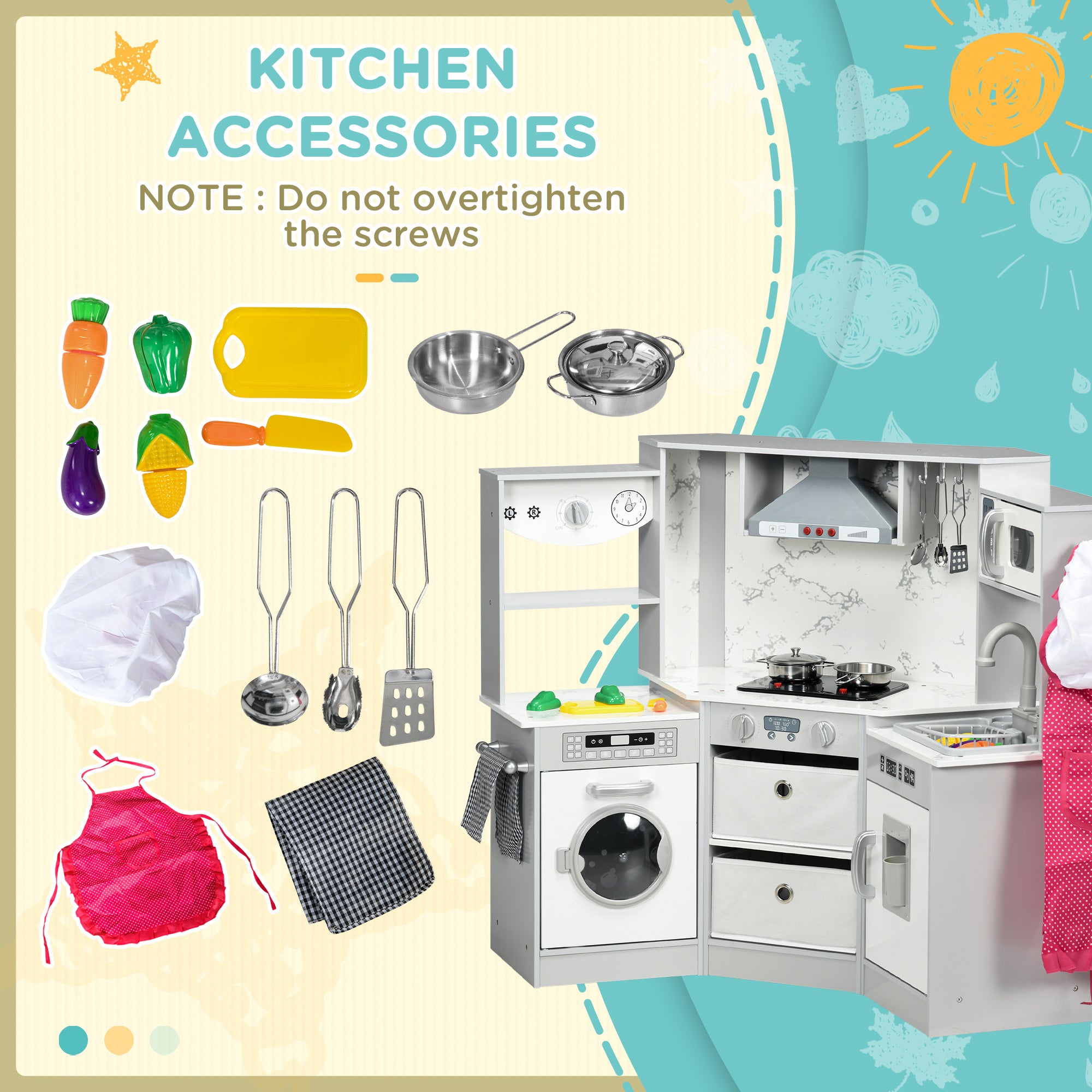 AIYAPLAY Toy Kitchen with Running Water, Lights, Sounds, Apron and Chef Hat, Water Dispenser, for Ages 3-6 Years, Grey - North Peak Garden Furniture