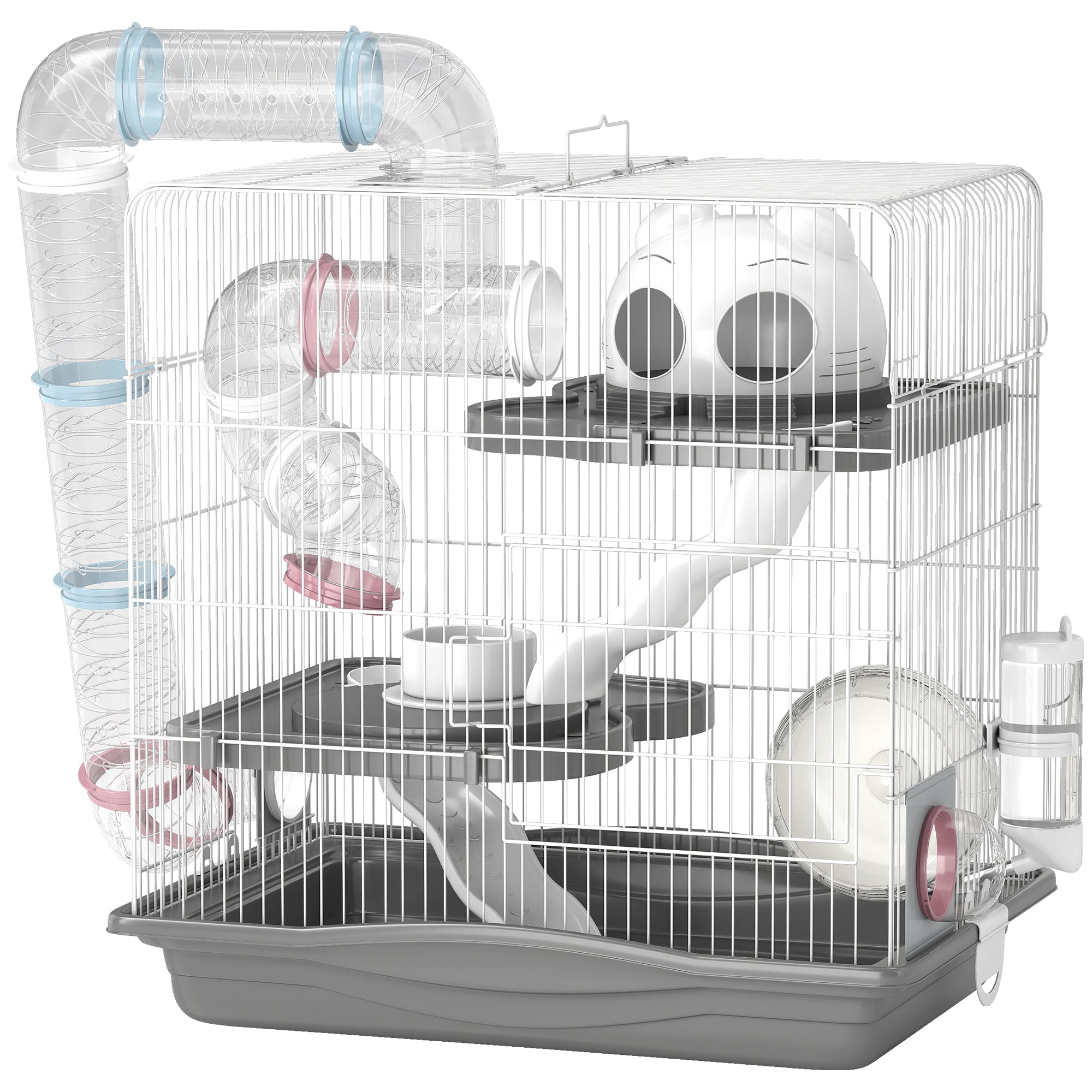 PawHut 3-Tier Hamster Cage with Exercise Wheels, Water Bottle, Food Dish, for Dwarf Hamsters, 45 x 30 x 45 cm, Grey