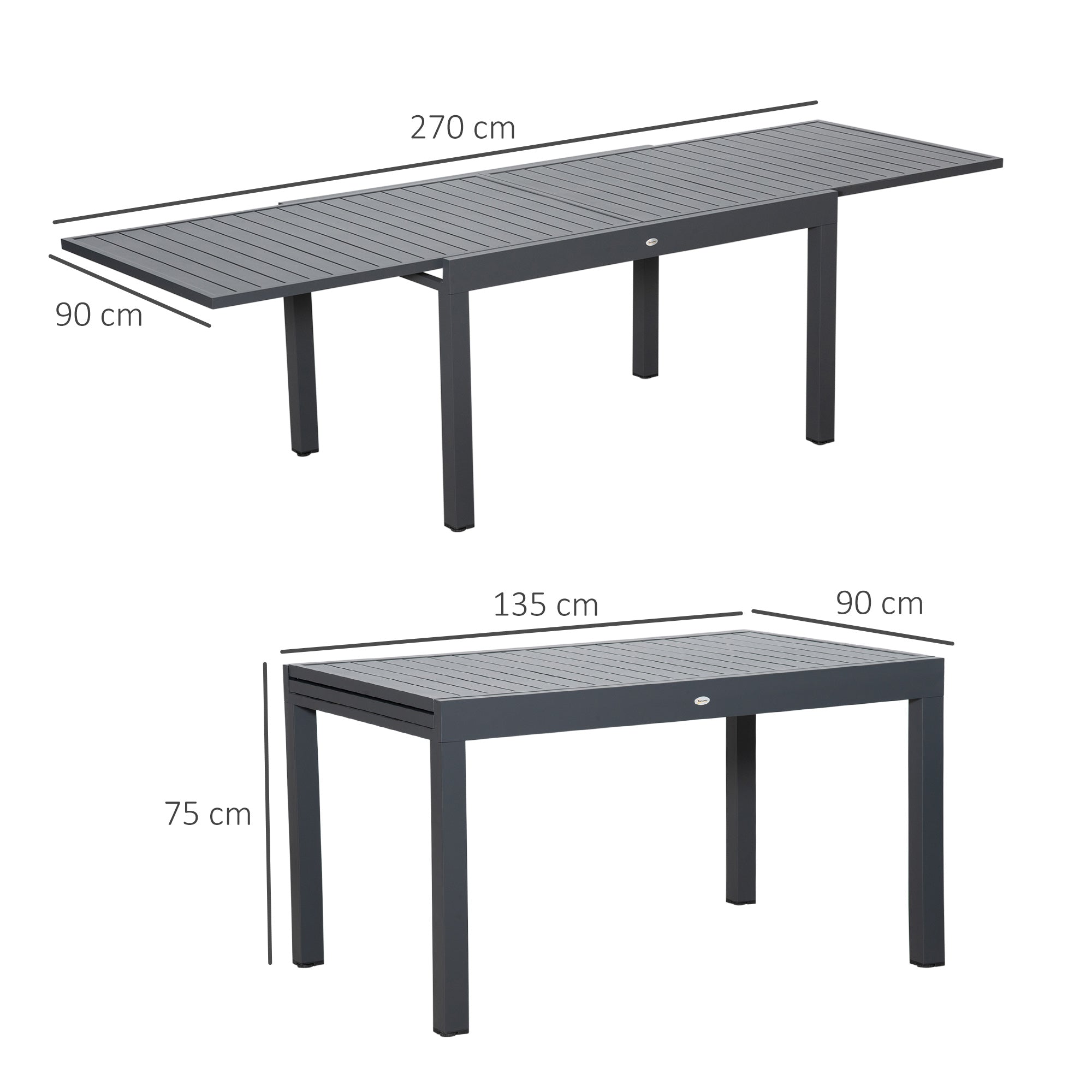 Outsunny Extendable Garden Table 135-270cm x 90cm x 75cm, 10 Seater Outdoor Dining Table with Aluminium Frame for Lawn, Balcony and Backyard, Grey - North Peak Garden Furniture
