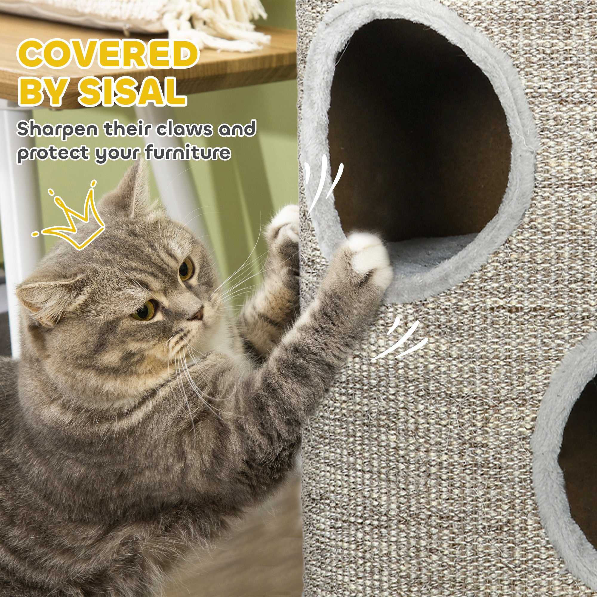 PawHut Cat Climbing Frame, Covered with Sisal, Cosy Platform - Light Grey - North Peak Garden Furniture
