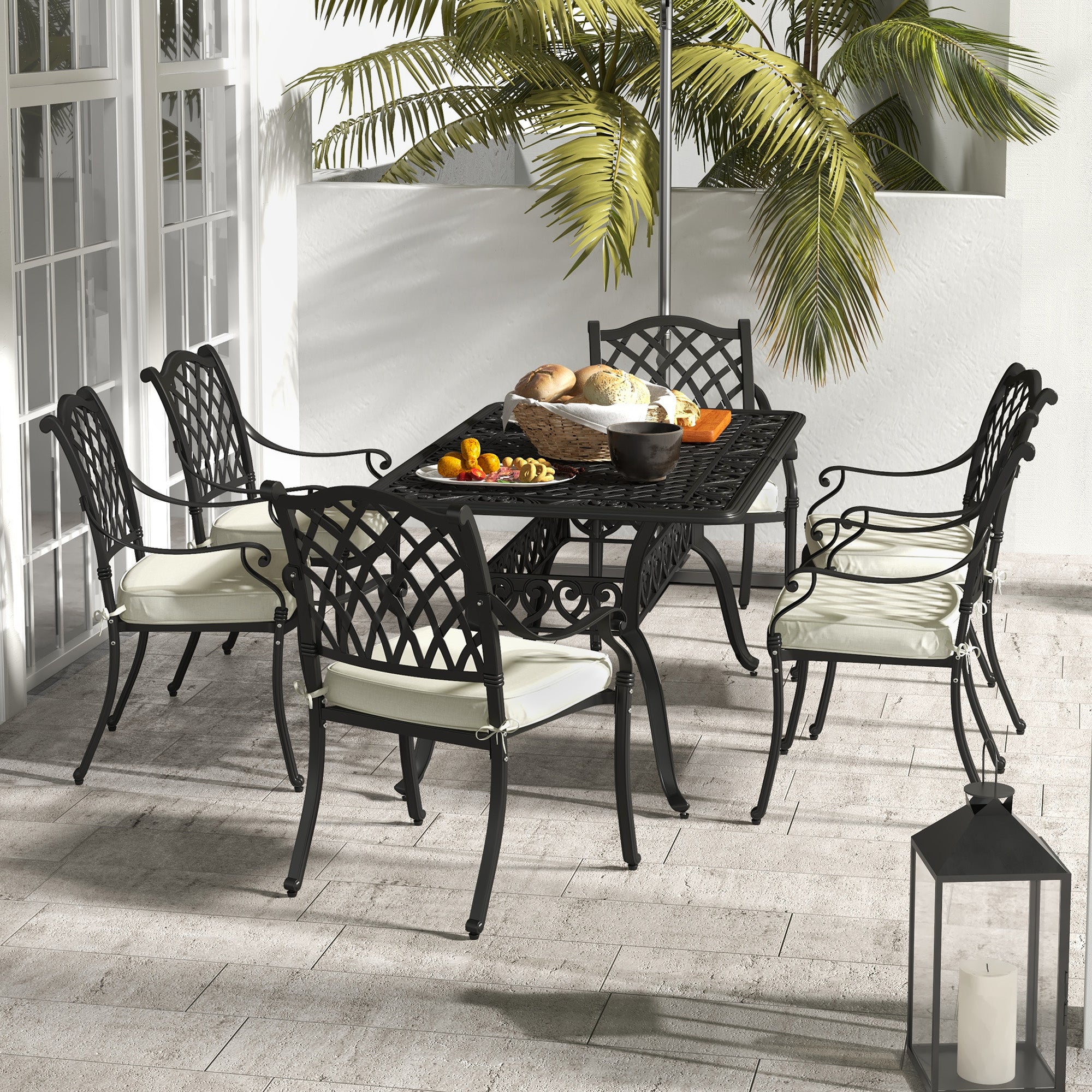 Outsunny 7 Pieces Aluminium Patio Dining Set with Umbrella Hole Black - North Peak Garden Furniture