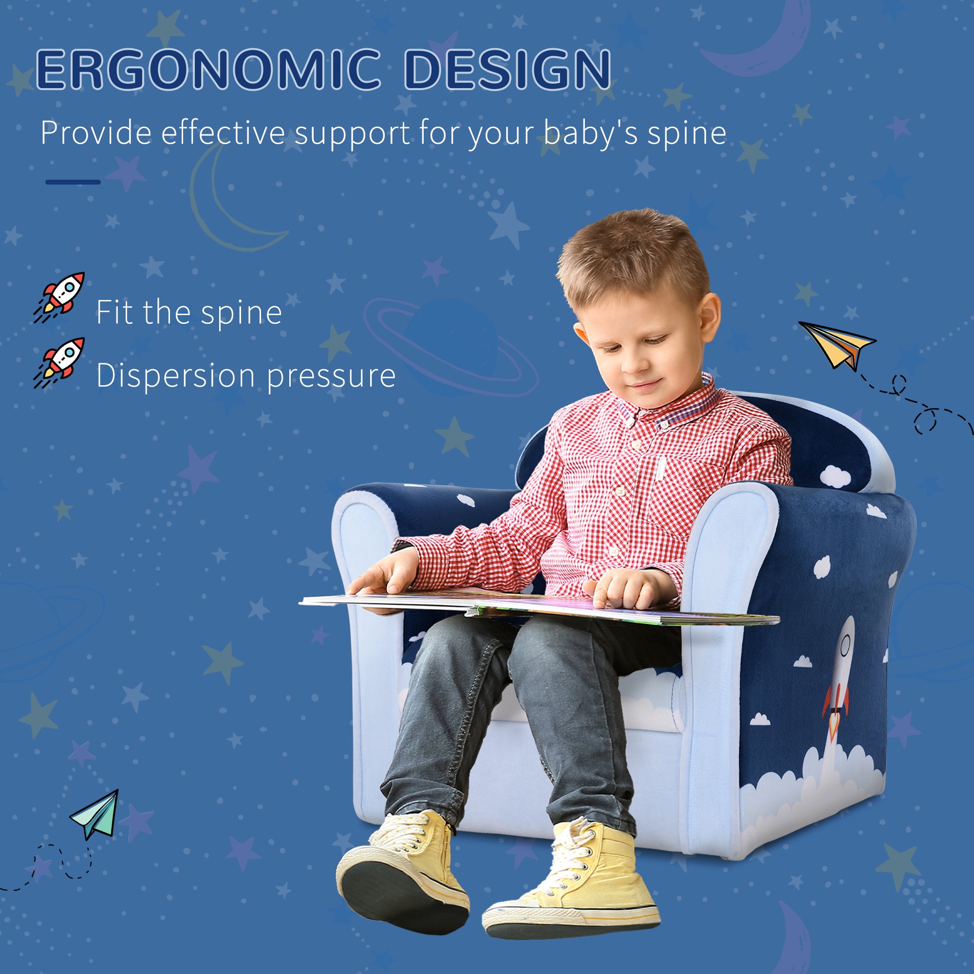 HOMCOM Children Chair Armchair Single Sofa, 50 x 39 x 44cm, for 18M+, Blue - North Peak Garden Furniture
