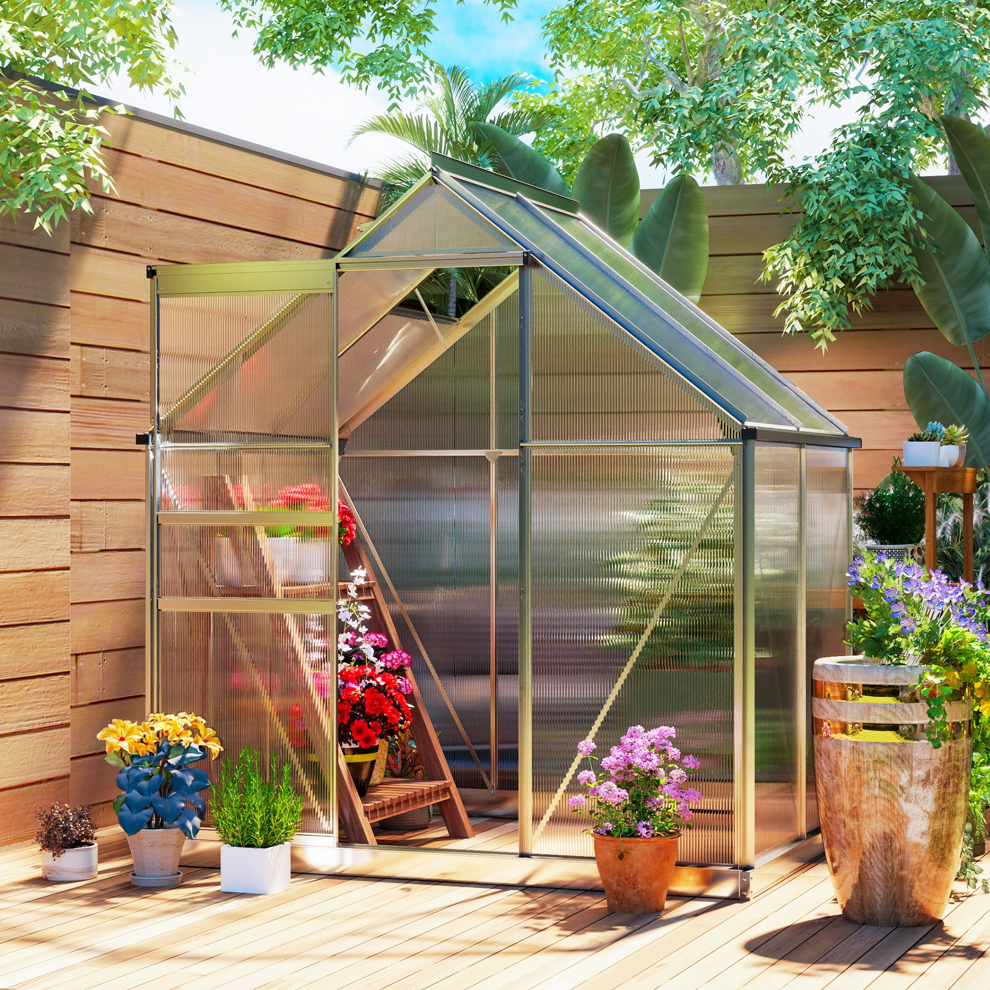 Outsunny 192.5 x 131cm Walk-In Polycarbonate Greenhouse - Silver-Tone - North Peak Garden Furniture