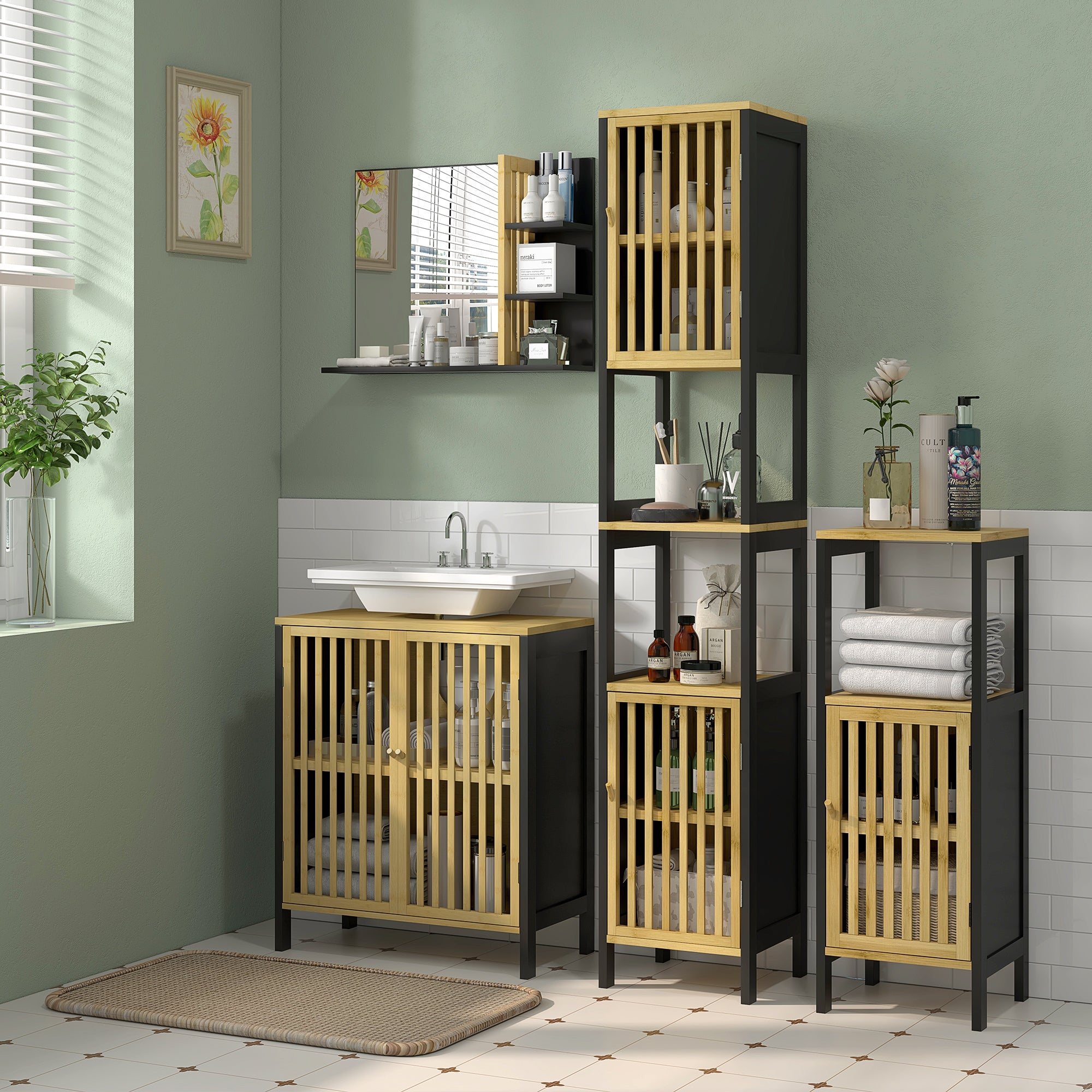 HOMCOM Bamboo Panel Bathroom Mirror, with Shelves - North Peak Garden Furniture