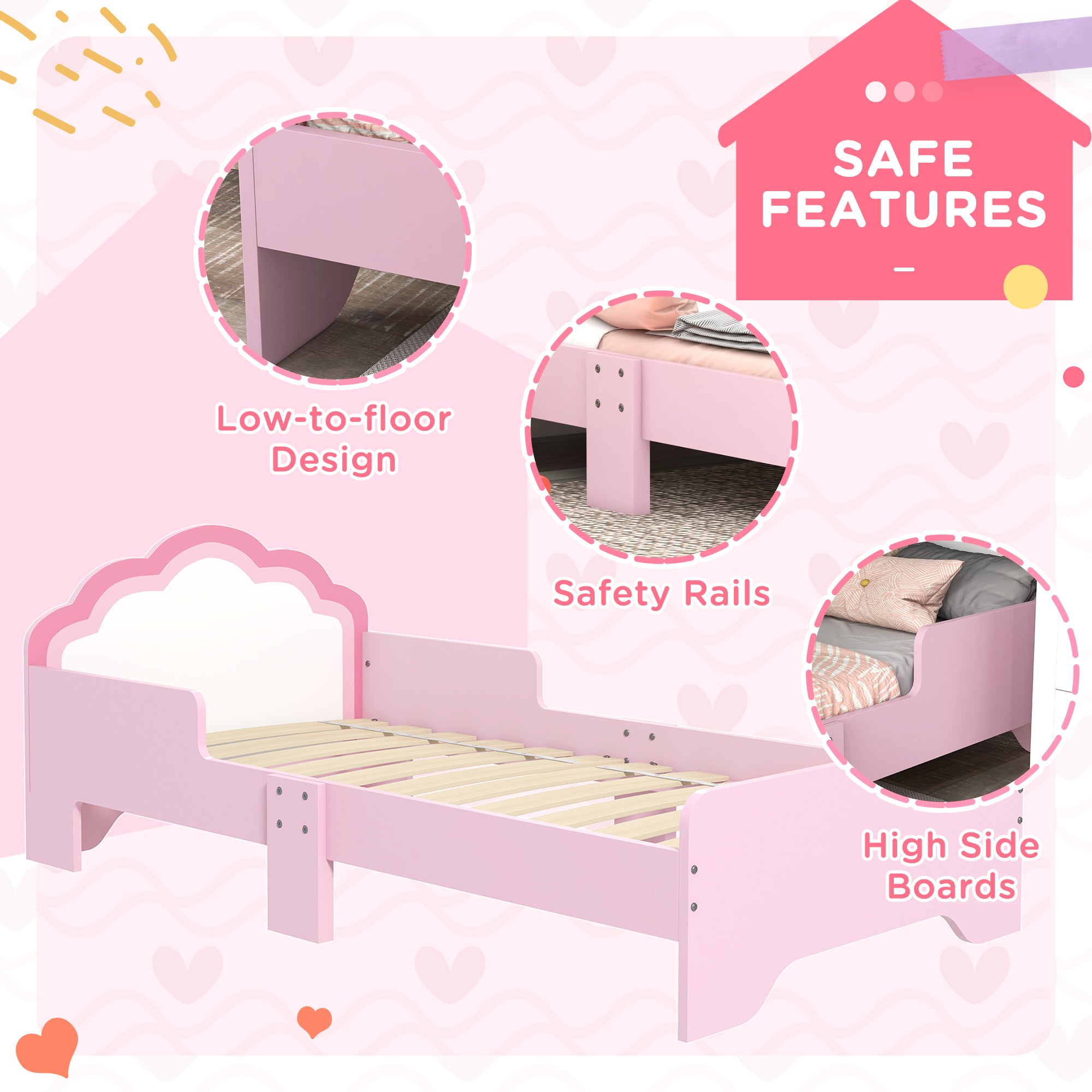 ZONEKIZ Toddler Bed Frame, Princess Bed for Kids, Cloud-Design, 143 x 74 x 55cm - Pink