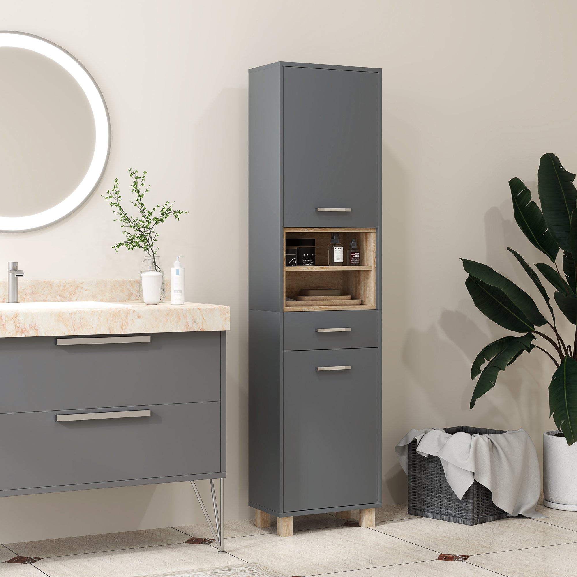 HOMCOM Tall Bathroom Storage Cabinet, Bathroom Storage Unit, Freestanding Bathroom Cabinet with Open Shelves and Drawer - North Peak Garden Furniture