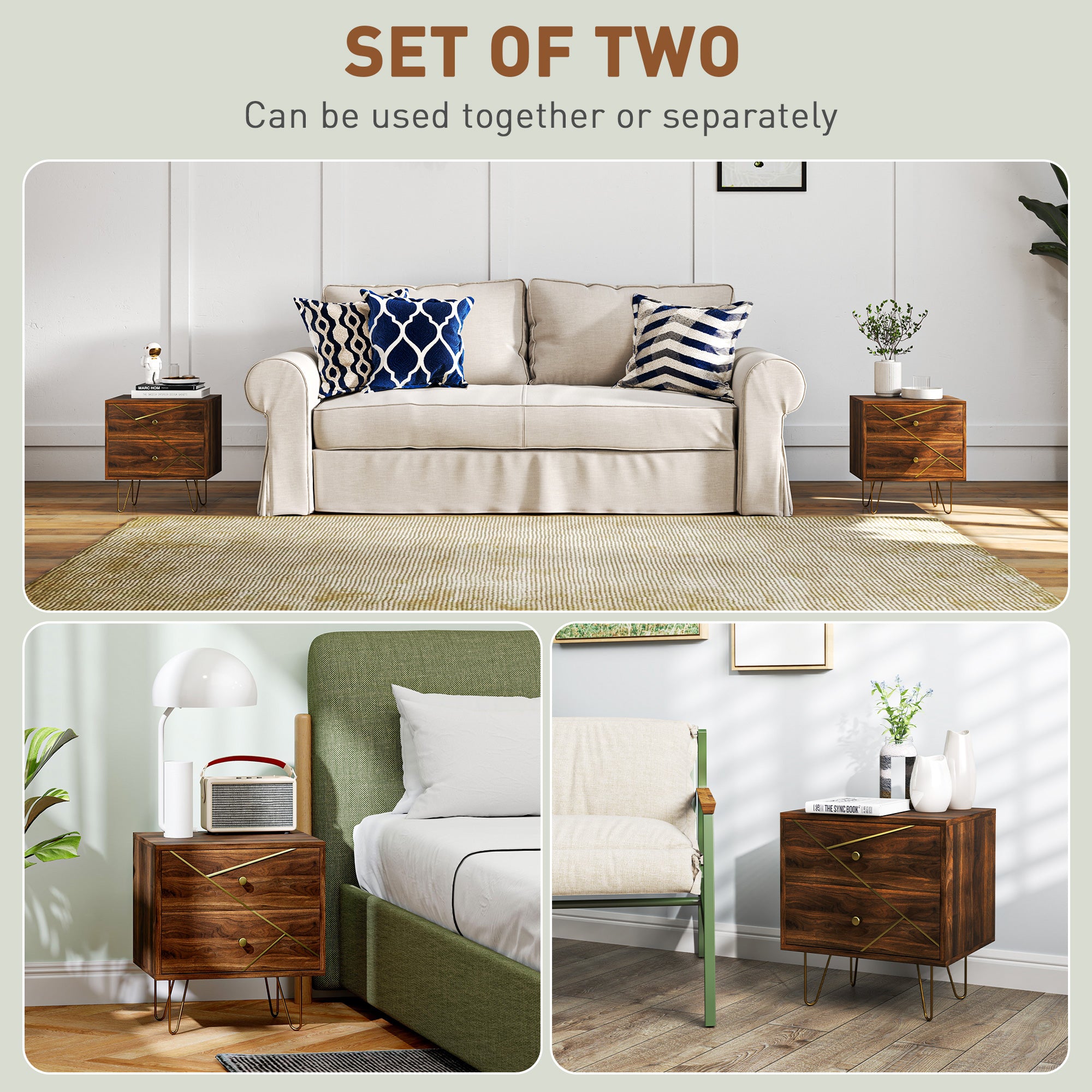 HOMCOM Bedside Tables Set of 2, Modern Side Table Set with 2 Drawers and Steel Hairpin Legs, Nightstand for Bedroom, Brown Wood Grain - North Peak Garden Furniture