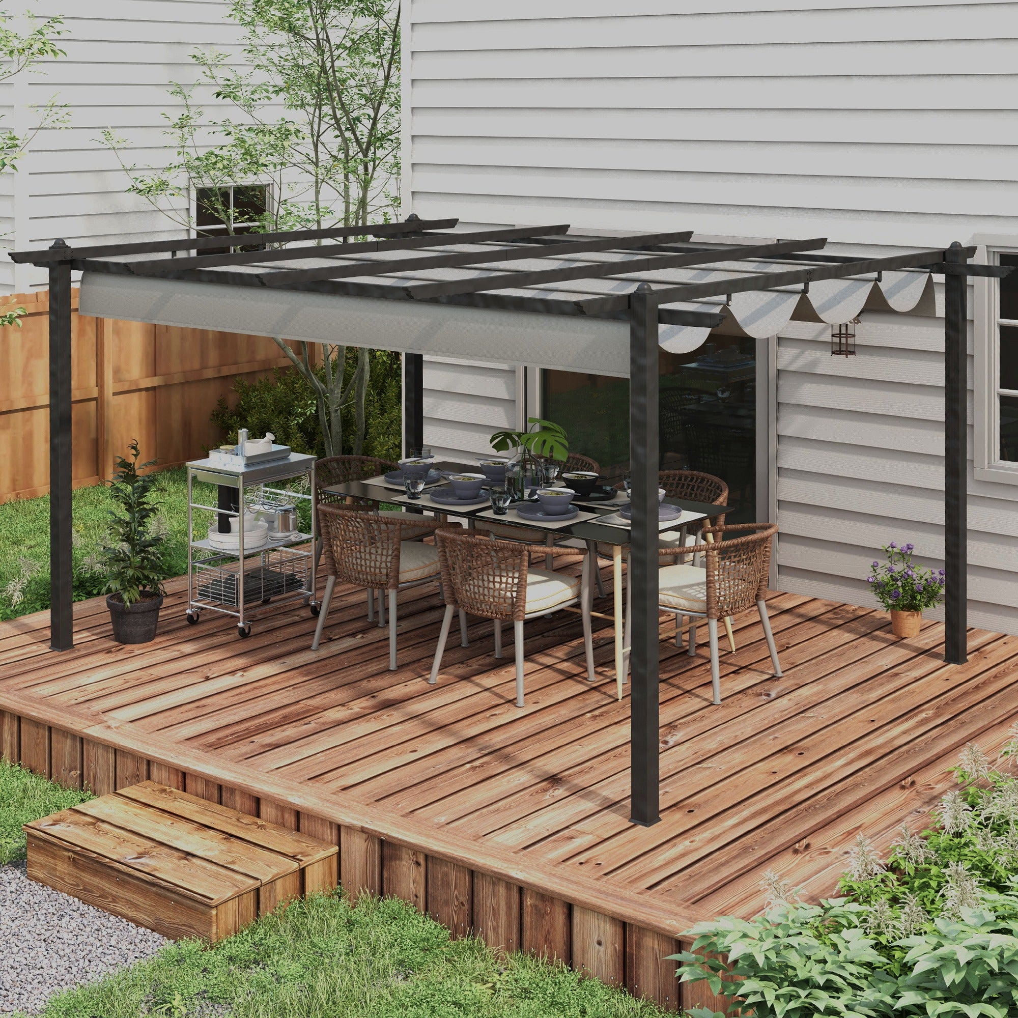 Outsunny 4 x 3(m) Aluminium Pergola with Retractable Roof, Garden Gazebo Canopy Shelter for Outdoor, Patio, Grey - North Peak Garden Furniture