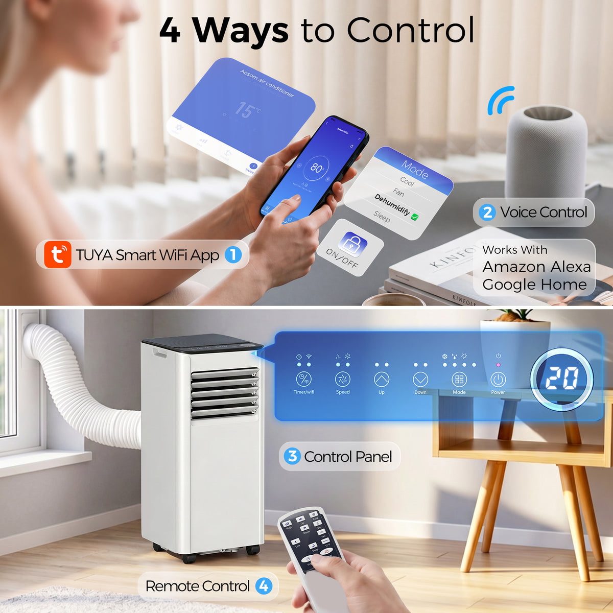 HOMCOM Portable Air Conditioner 9000 BTU, 4-in-1 AC Unit with Cool, Dehumidifier, Fan, Sleep Mode, WiFi Voice Remote Control