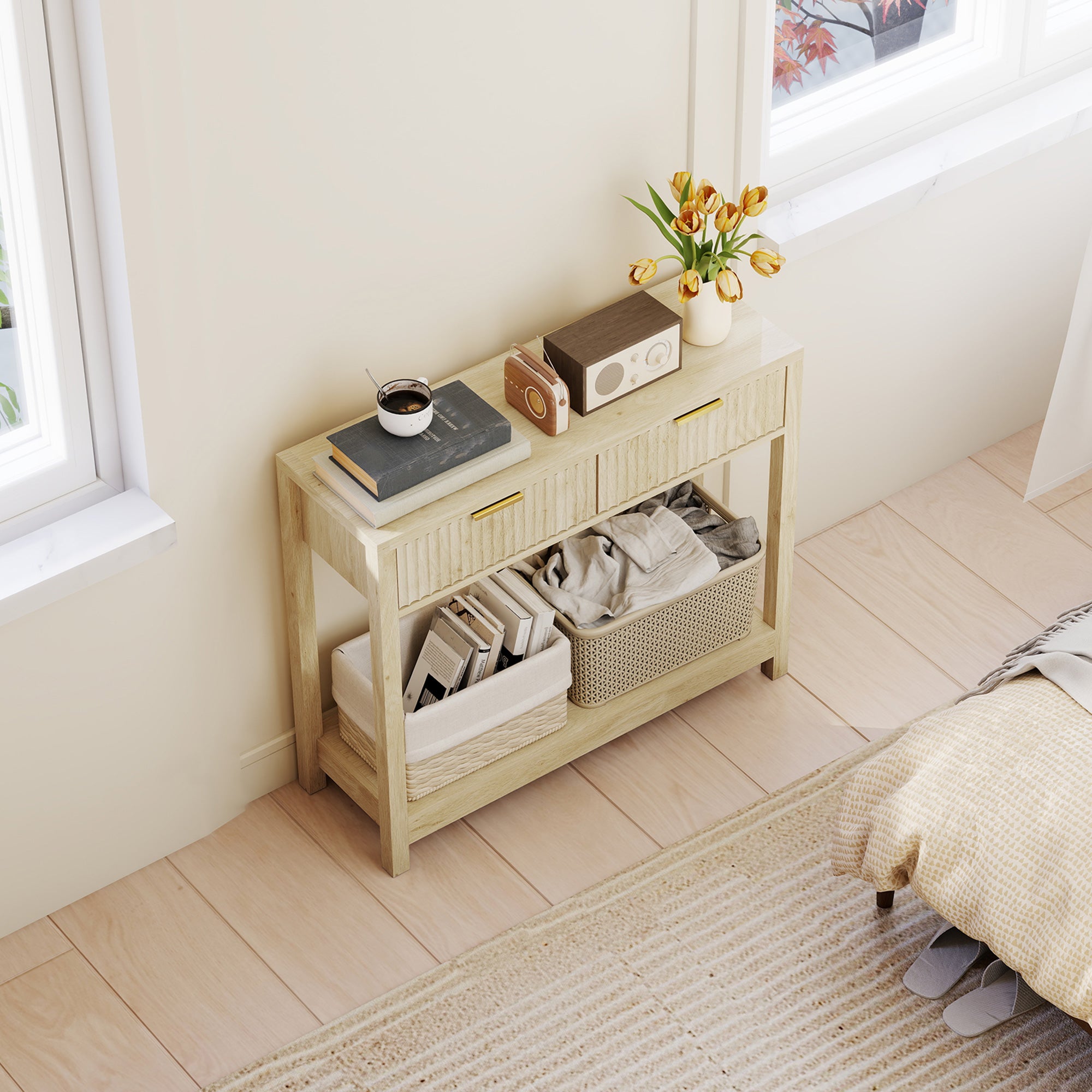 HOMCOM Modern Console Table with Fluted Panel Drawers, Narrow Hallway Table with Shelf for Entryway, Living Room, 90 x 30 x 76 cm, Natural Wood Finish