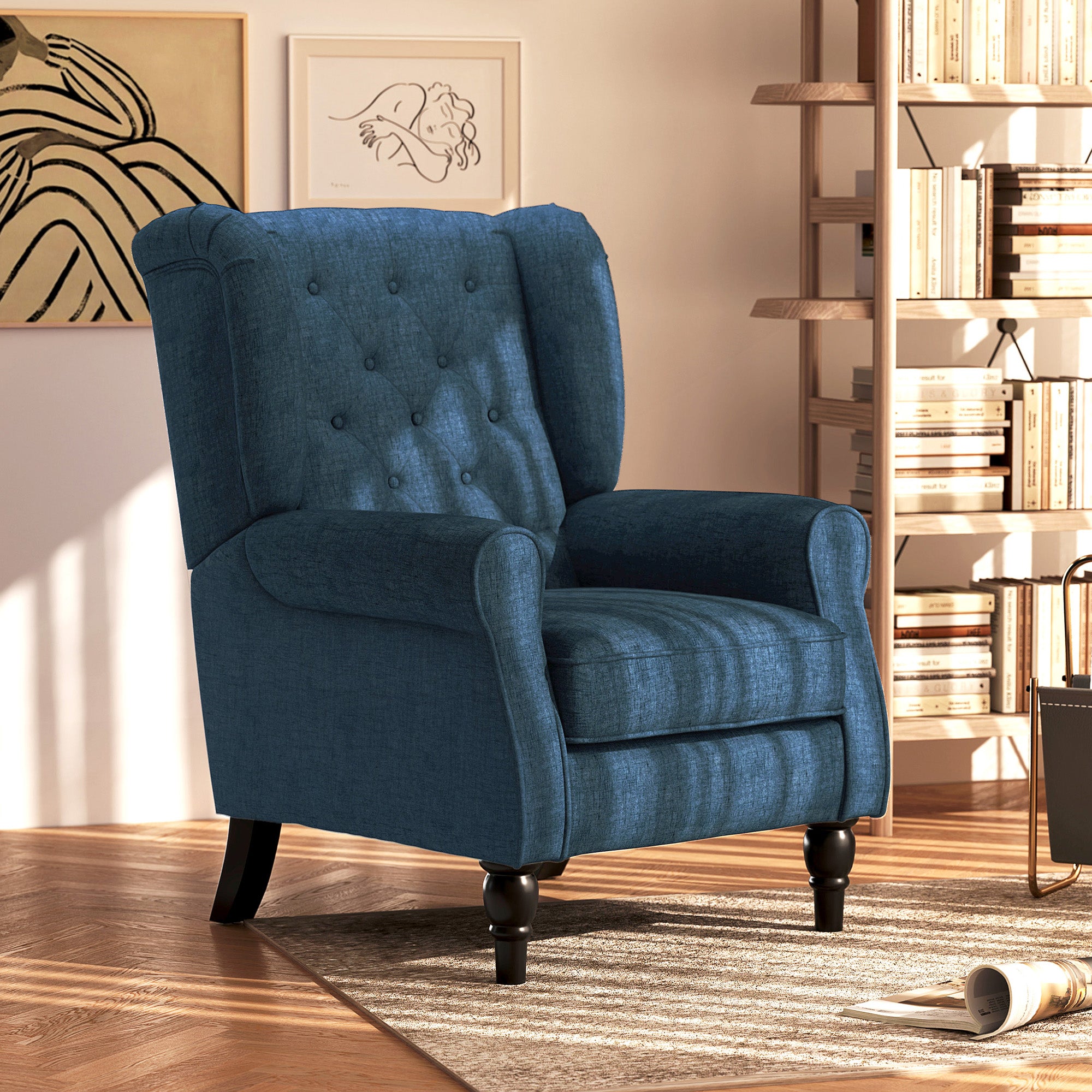 HOMCOM Wingback Accent Chair, Retro Upholstered Button Tufted Occasional Chair for Living Room and Bedroom, Blue - North Peak Garden Furniture