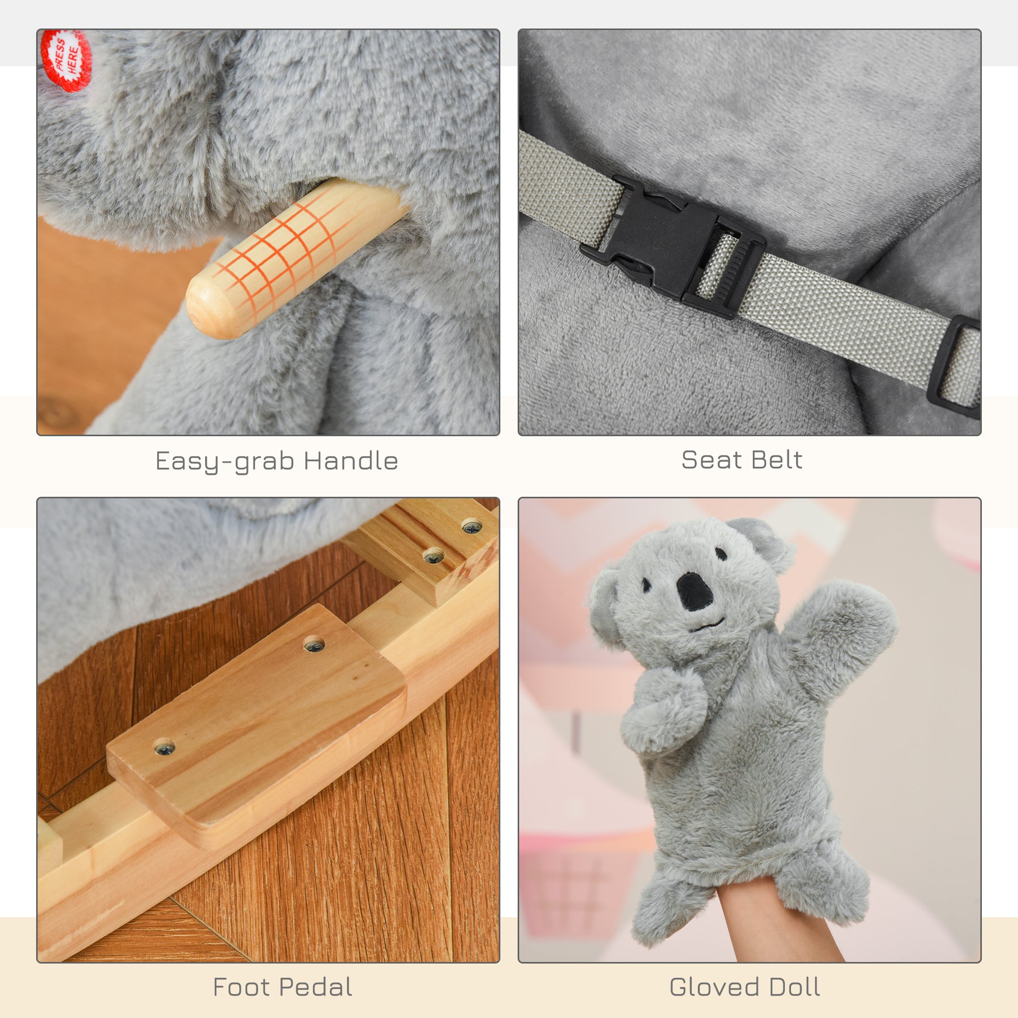 HOMCOM Kids Toddler Rocking Horse Plush Ride On Koala Rocker Wooden Base Seat Safety Belt w/ Gloved Doll Toy for 18-36 Months Grey - North Peak Garden Furniture