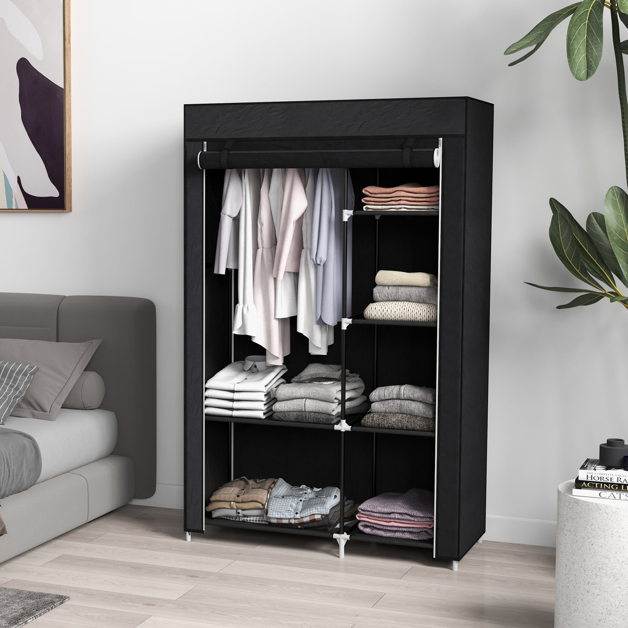 HOMCOM Fabric Wardrobe, Portable Wardrobe with 6 Shelves, 1 Hanging Rail, Foldable Closets, 103 x 43 x 162.5 cm, Black - North Peak Garden Furniture