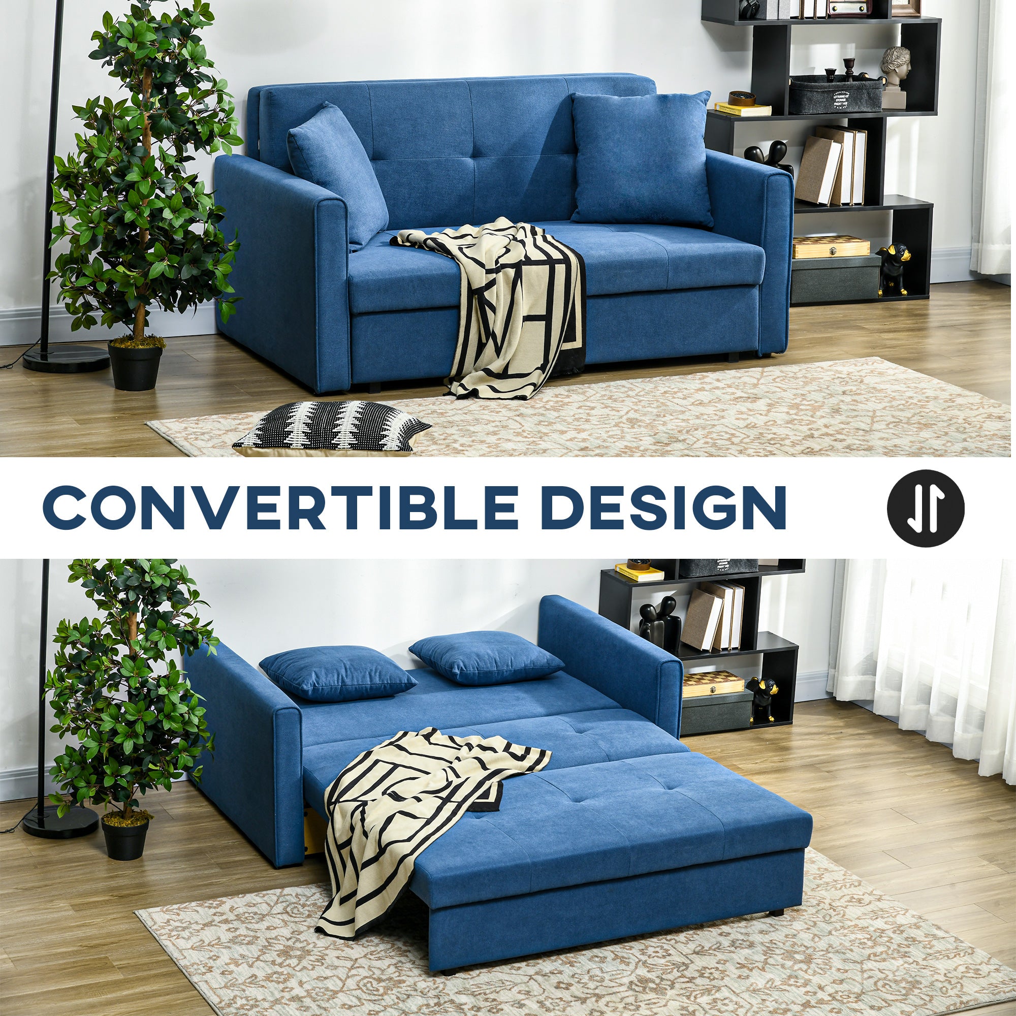 HOMCOM 2 Seater Sofa Bed, Convertible Bed Settee, Modern Fabric Loveseat Sofa Couch with 2 Cushions, Hidden Storage for Living Room, Guest Room, Deep Blue - North Peak Garden Furniture