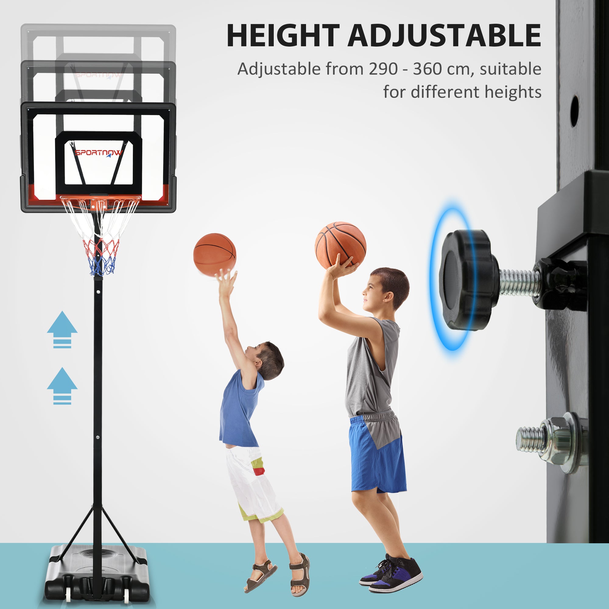 SPORTNOW 2.1-2.6m Adjustable Basketball Hoop and Basketball Stand w/ Backboard and Weighted Base, Portable on Wheels, Black - North Peak Garden Furniture
