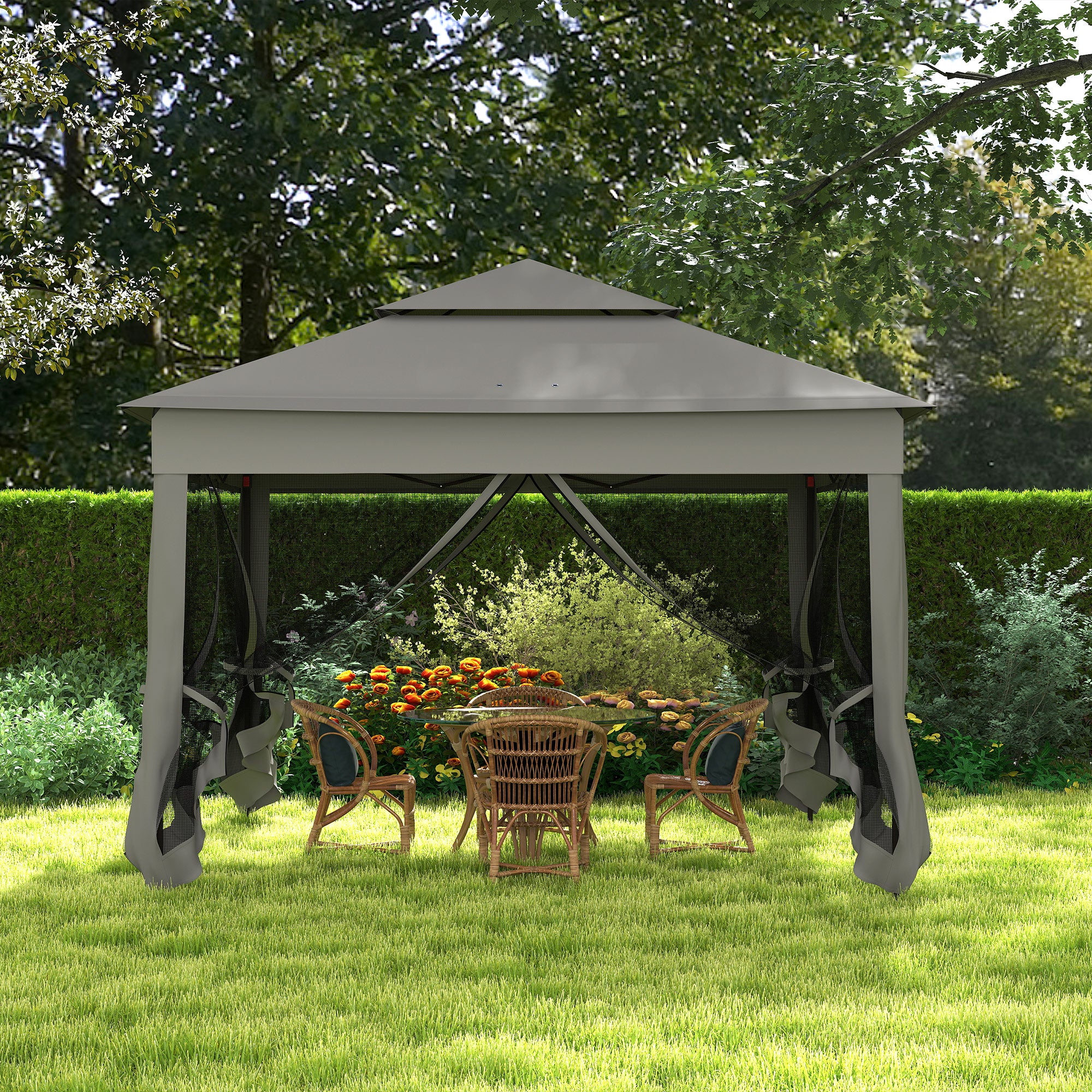 Outsunny 3 x 3(m) Pop Up Gazebo, Double-roof Garden Tent with Netting and Carry Bag, Party Event Shelter for Outdoor Patio, Dark Grey - North Peak Garden Furniture