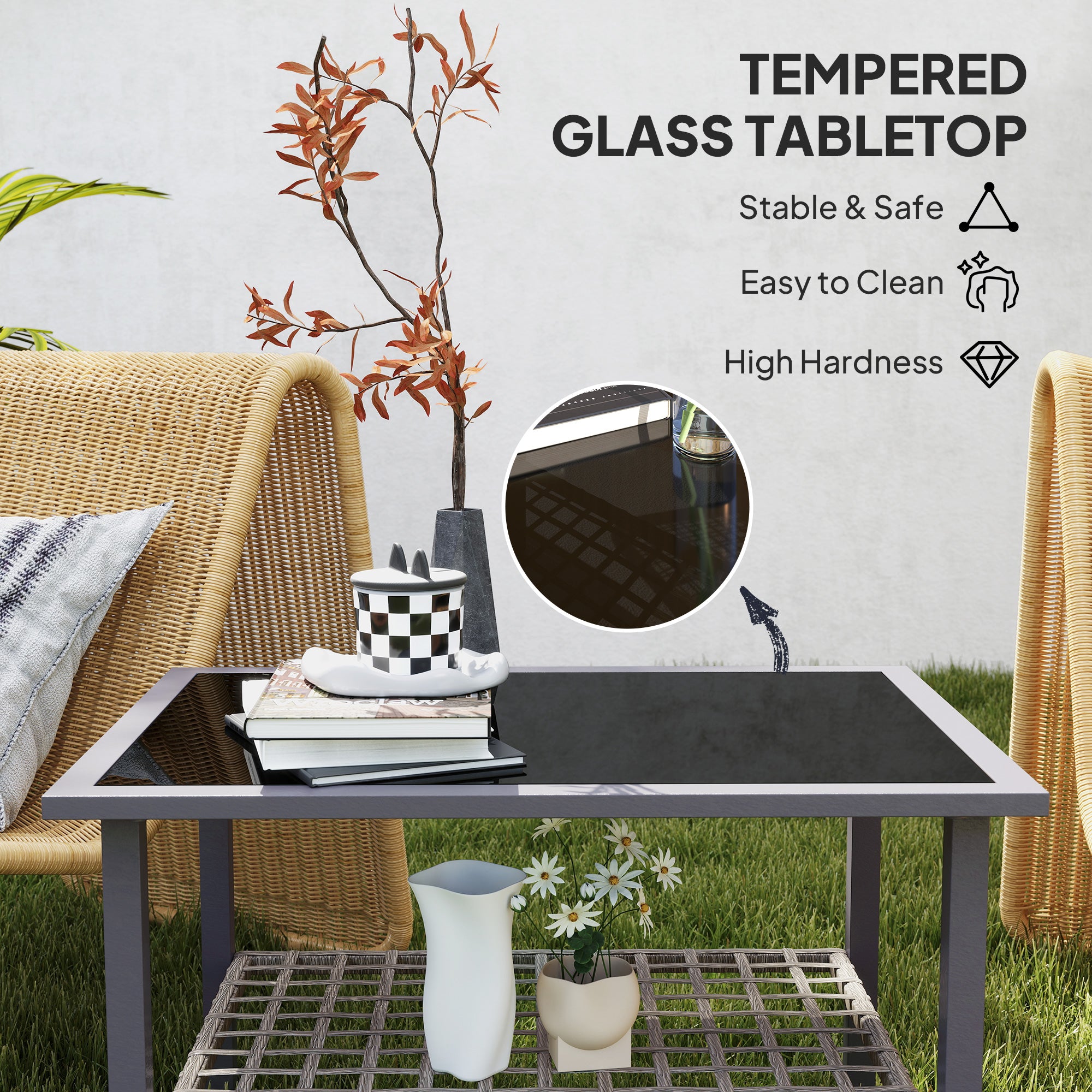 Outsunny Outdoor Rattan Coffee Table with Tempered Glass Top, Storage Shelf, Foot Pads, for Patio, Balcony, Mixed-grey - North Peak Garden Furniture