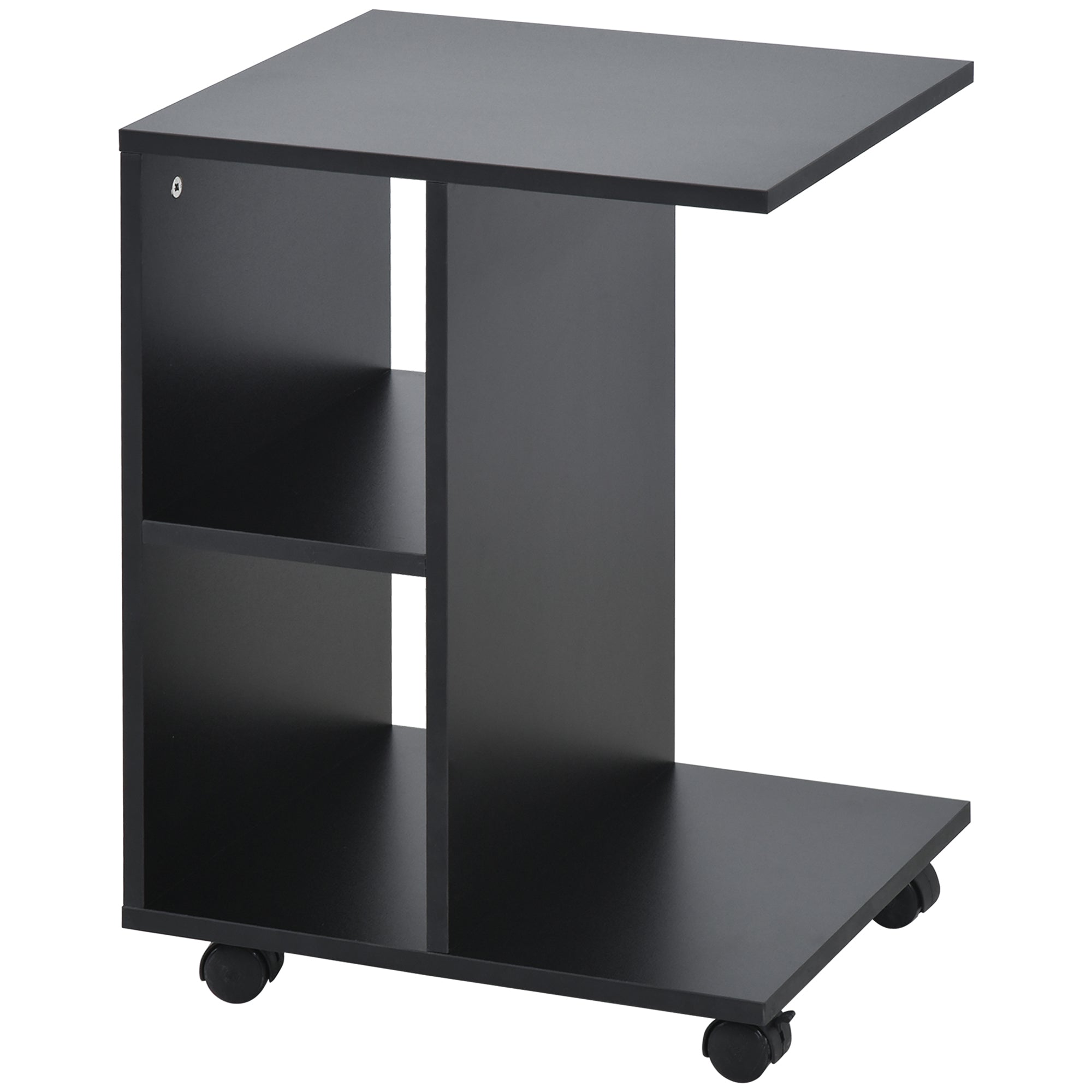 HOMCOM C-Shape End Table Unique Storage Unit w/ 2 Shelves 4 Wheels Freestanding Home Furniture Cabinet Square Black - North Peak Garden Furniture
