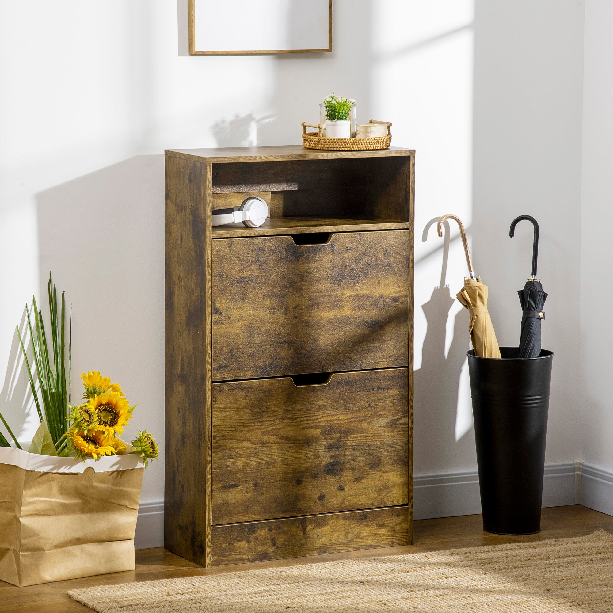 HOMCOM Shoe Cabinet with 2 Flip Doors, Slim 2-Drawer Shoe Cupboard with Adjustable Divider and Open Compartment for 12 Pairs of Shoes, Entryway Storage Unit, Rustic Brown - North Peak Garden Furniture
