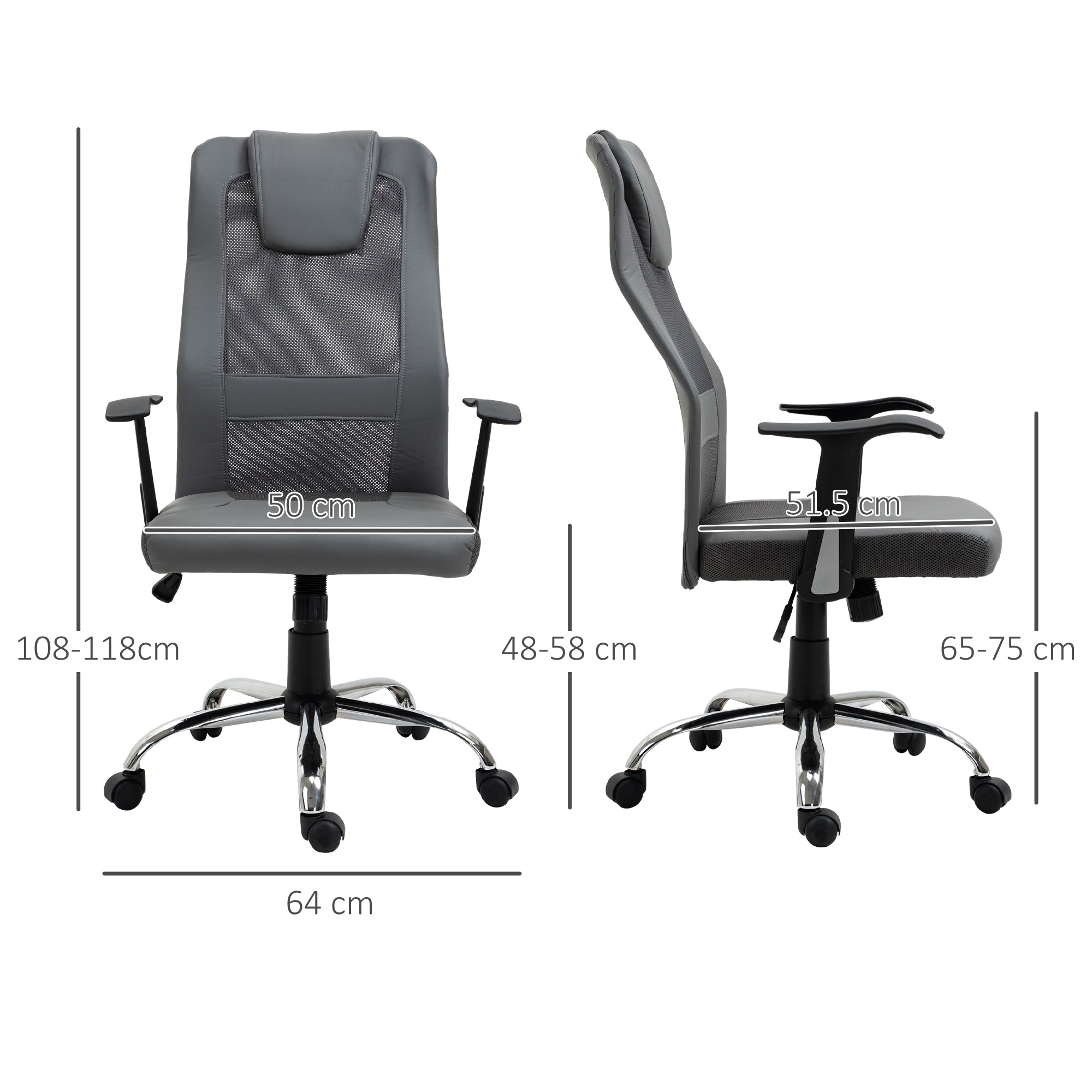 Vinsetto Office Chair, Computer Desk Chair, Mesh and PU Leather Swivel Chair with Adjustable Height and Rolling Wheels for Home Office Work Study, Grey - North Peak Garden Furniture