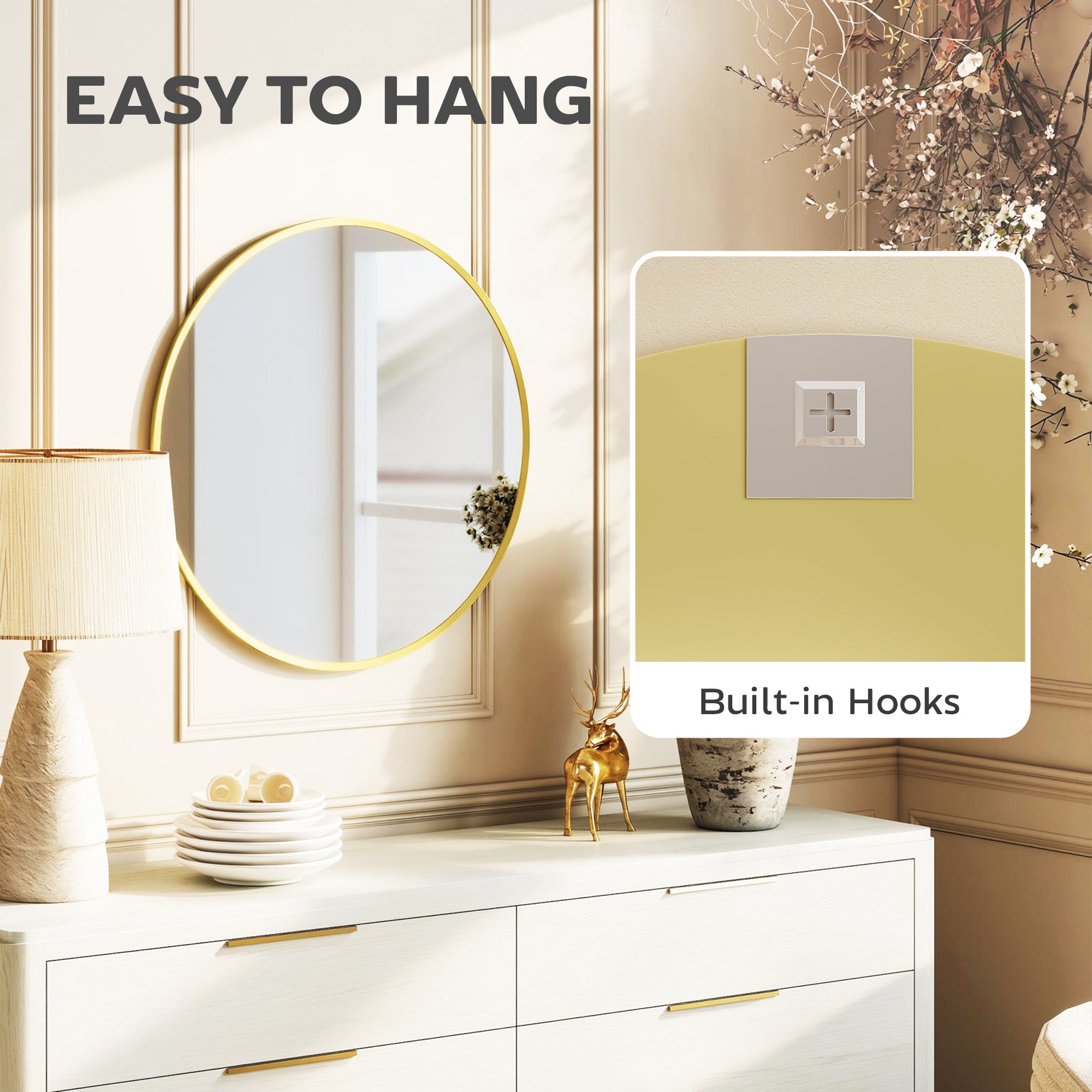 HOMCOM 61cm Decorative Wall Mirror for Bedroom Living Room, Modern Round Bathroom Mirror for Home Decor, Gold Tone