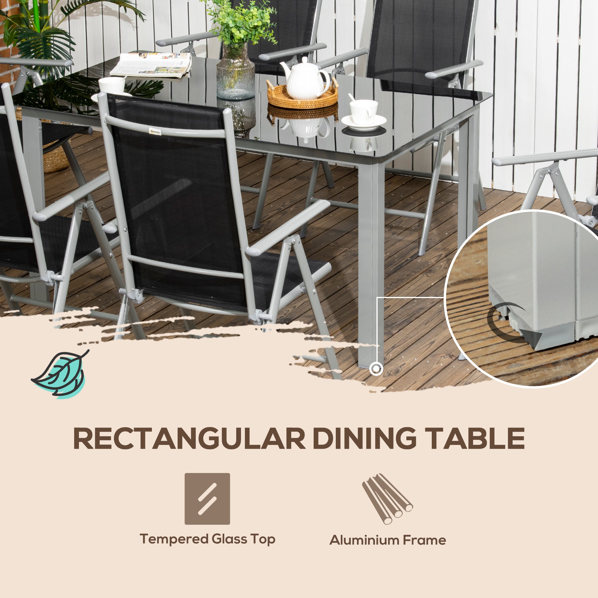 Outsunny 7 Piece Garden Dining Set, Outdoor Table and 6  Folding and Reclining Chairs, Aluminium Frame, Tempered Glass Top Table, Texteline Seats, Black