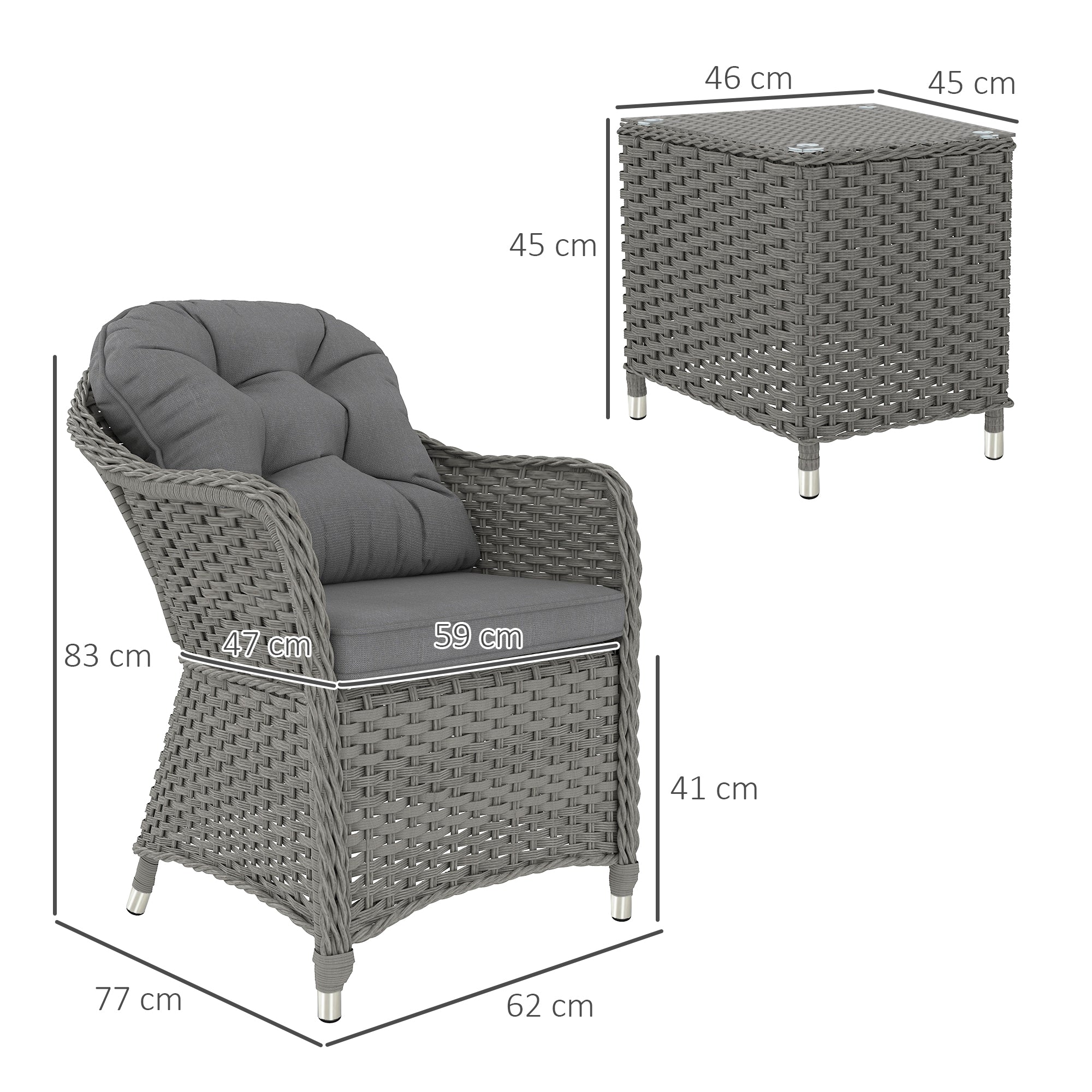 Outsunny 3 Pieces Rattan Bistro Set, Wicker Garden Bistro Set, Glass Top Balcony Table and Chairs with Cushions for Outdoor, Patio, Balcony, Light Grey - North Peak Garden Furniture