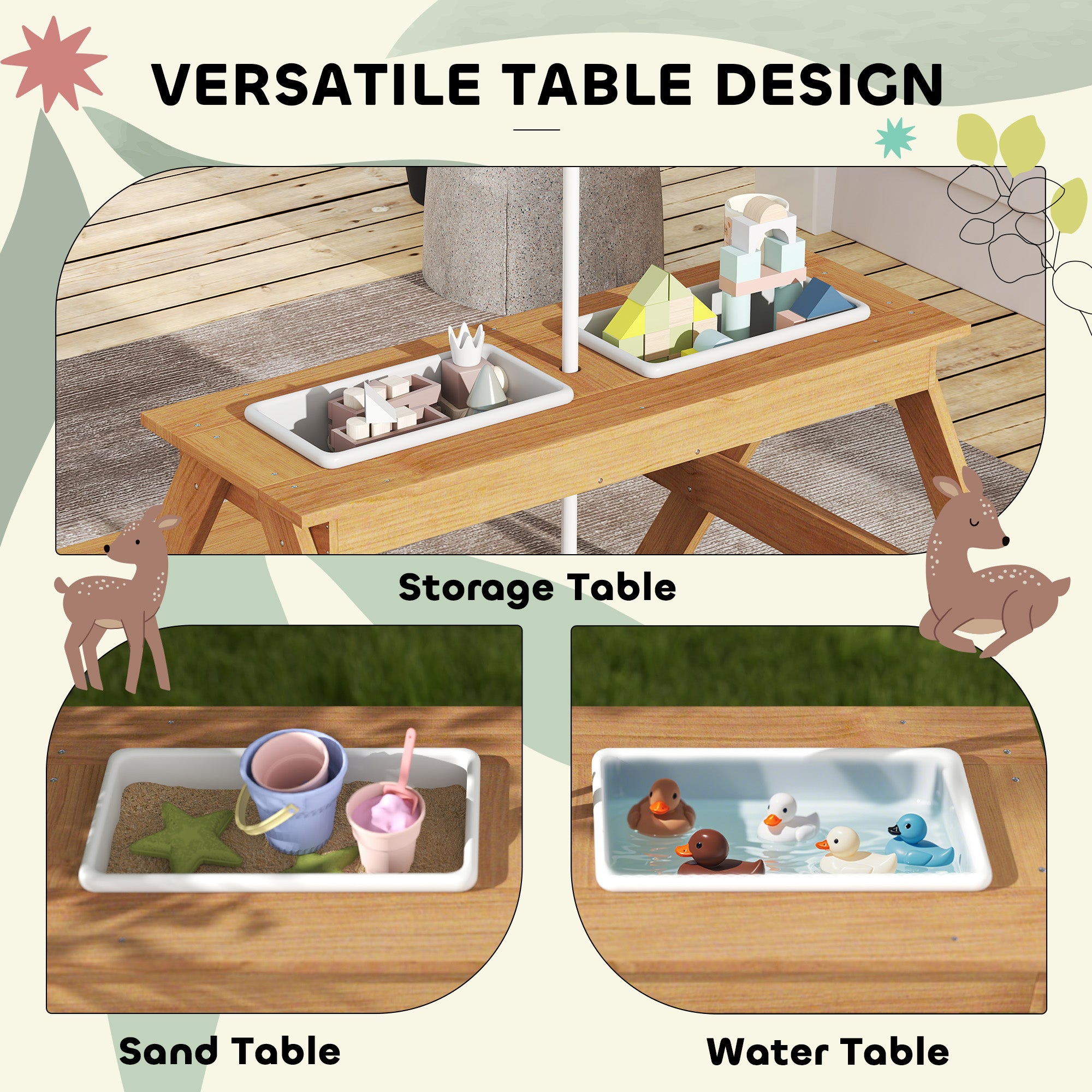 AIYAPLAY Kids Picnic Table, Sand and Water Table with Wooden Benches, Adjustable Parasol and Storage Bins, Multicolour - North Peak Garden Furniture